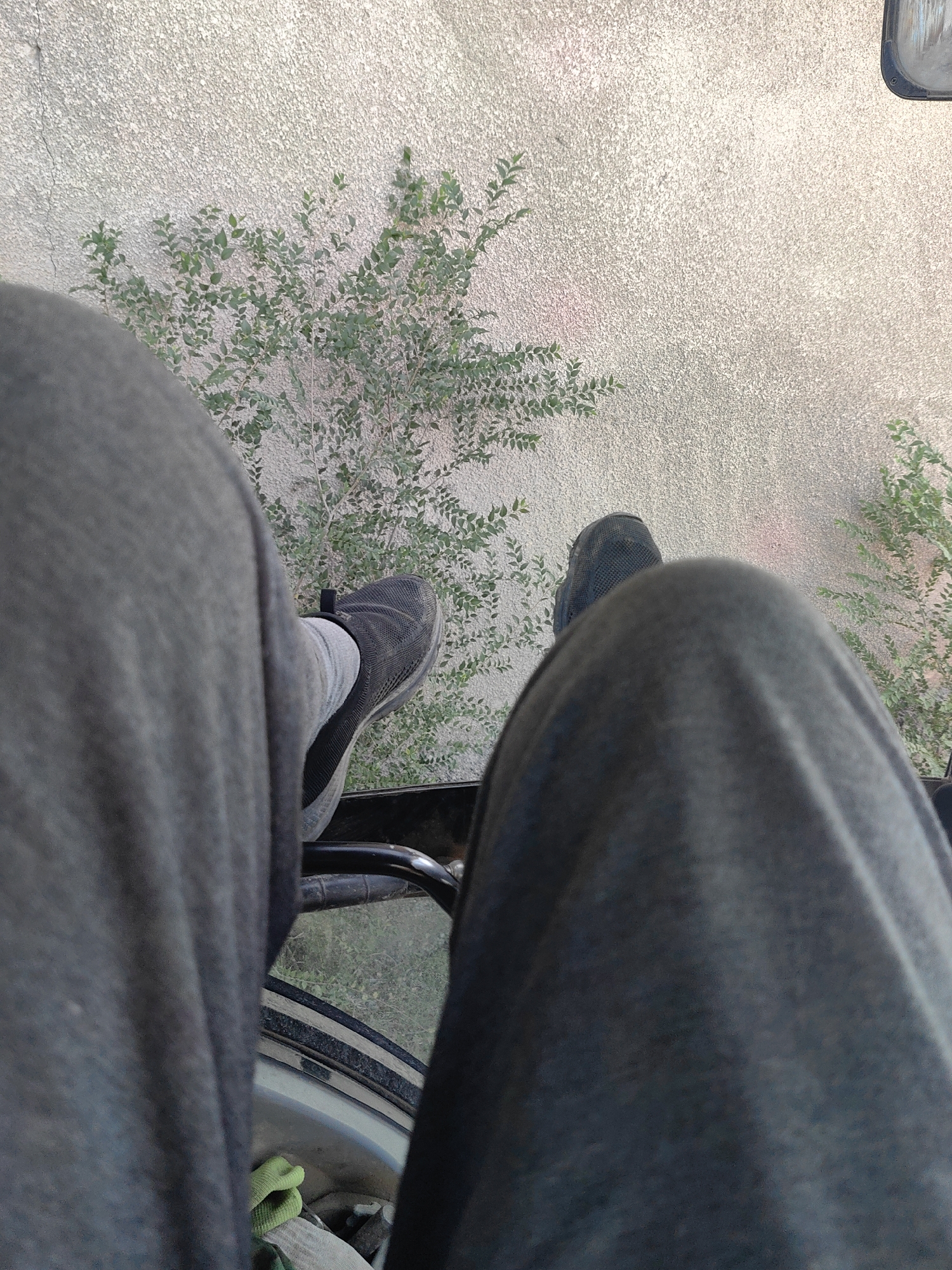 The image shows a first-person perspective of someone sitting on a wheelchair. Their legs are clad in dark grey trousers and dark sneakers with grey socks. In the background, a textured, light-colored wall is visible, with a small green bush growing in front of it. A portion of a light fixture is visible in the upper right corner. The scene appears to be outdoors, possibly in a courtyard or walkway within the city of Shymkent, Kazakhstan. The overall impression is one of a mundane, everyday setting.