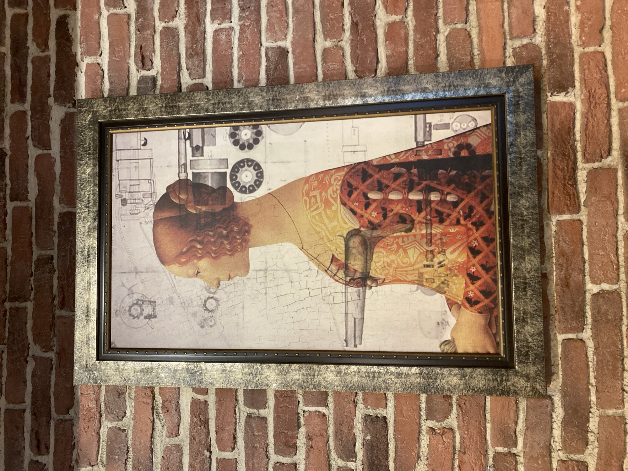 A framed picture hangs on a red brick wall. The picture features an illustration of a woman's face in profile, facing left, with technical diagrams superimposed on the background and body. The frame has a dual layer design with an inner black border and an outer decorative border. The wall is constructed of red bricks with white mortar.