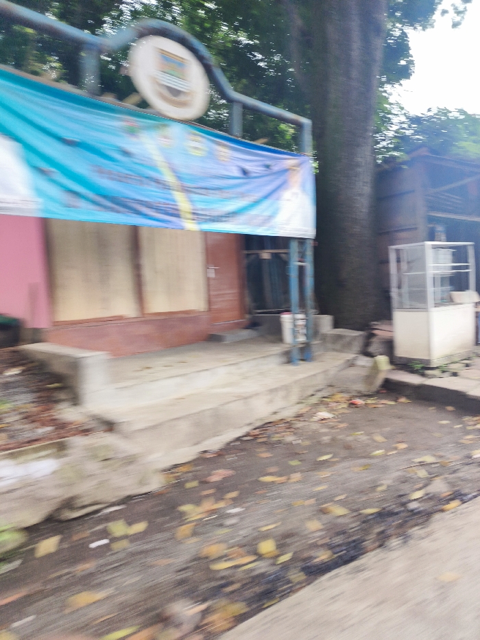 The image shows a street scene in Lembang, Indonesia, located at latitude -6.828 and longitude 107.607. A large tree with green leaves stands on the left side of the frame, its trunk positioned near the edge of a concrete walkway. A blue banner hangs above a doorway to the right of the tree. The banner is obscured, but the letters "PUS" are visible. The doorway leads to a building with a pink wall and wooden doors. Concrete steps lead up to the doorway, and a metal ladder leans against the building. There is a small white cabinet and a dark object near the base of the tree. Scattered leaves cover the walkway, which leads to the foreground, where the image becomes blurred.