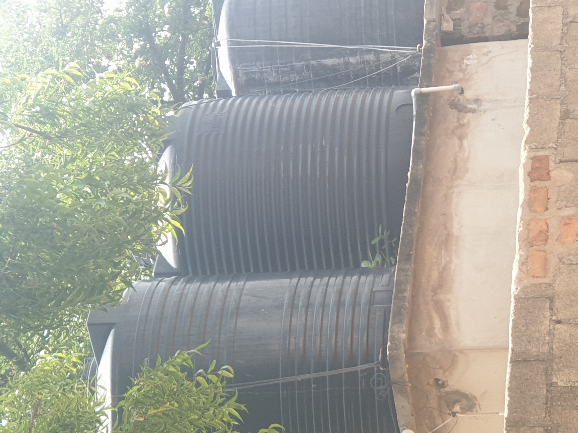 The image depicts a row of large, black plastic water tanks situated on a concrete platform. The tanks are cylindrical with ribbed sides and are partially obscured by the lush green foliage of trees overhead, filtering the bright sunlight. A metal pipe extends from the platform and connects to a spigot on a textured, light-colored wall beneath the tanks. The foreground shows a brick and block wall. The location is identified as Unknown, Unknown.