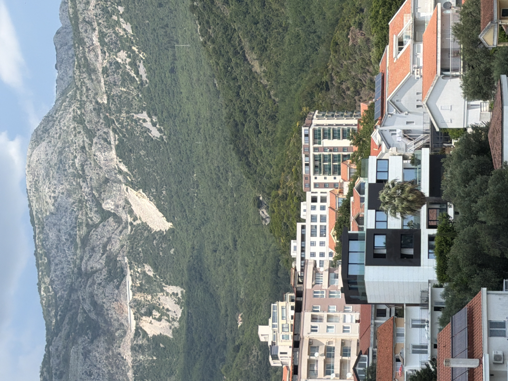 The image shows a view of Bečići, Montenegro. On the left is a large, rugged mountain covered in sparse vegetation and bare rock. A dense, green forest covers the midground. On the right side of the image, there are numerous buildings and houses, densely packed together. The buildings display a mix of architectural styles, including modern structures with flat roofs and large windows, as well as older houses with terracotta tile roofs. Solar panels are visible on some of the rooftops. Trees and vegetation grow around the buildings. The overall scene depicts a blend of natural landscape and urban development.