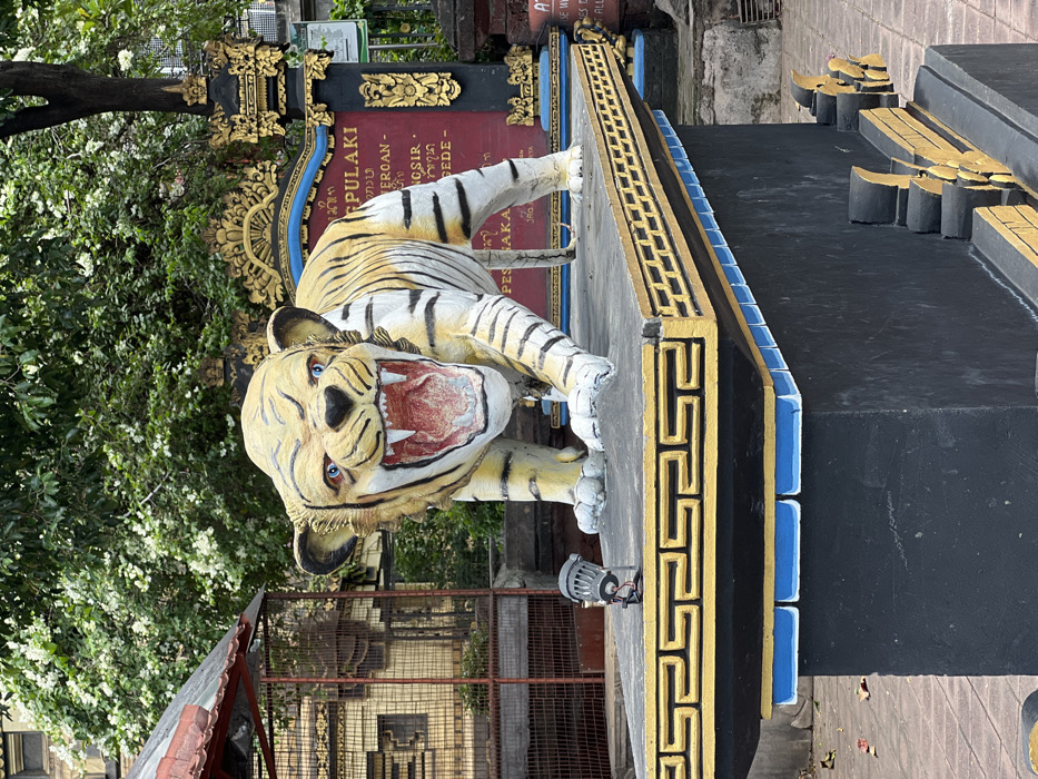 The image displays a detailed, painted tiger statue positioned on an ornate pedestal in Banyu Poh, Indonesia. The tiger is predominantly yellow with black stripes and a white underbelly, featuring blue eyes and an open mouth revealing white fangs and a pinkish-red tongue, in a snarl or roar. It is depicted in a crouching, forward-facing stance. The multi-tiered pedestal supporting the tiger has a gray top surface bordered by a gold and black Greek key pattern, a black middle section, and a blue and white scalloped lower trim. A small, gray cylindrical spotlight with visible wiring rests on the pedestal's gray surface, positioned in front of the tiger's left front paw. The background features lush green trees with white blossoms. To the left, a reddish-brown tiled roof partially covers a wire-meshed enclosure, behind which a light-colored building with intricate architectural details is visible. To the right, a tall red monument or sign with golden text and ornate golden carvings, flanked by black pillars with gold accents, stands upright. The ground is paved with reddish-brown tiles, with some scattered debris.