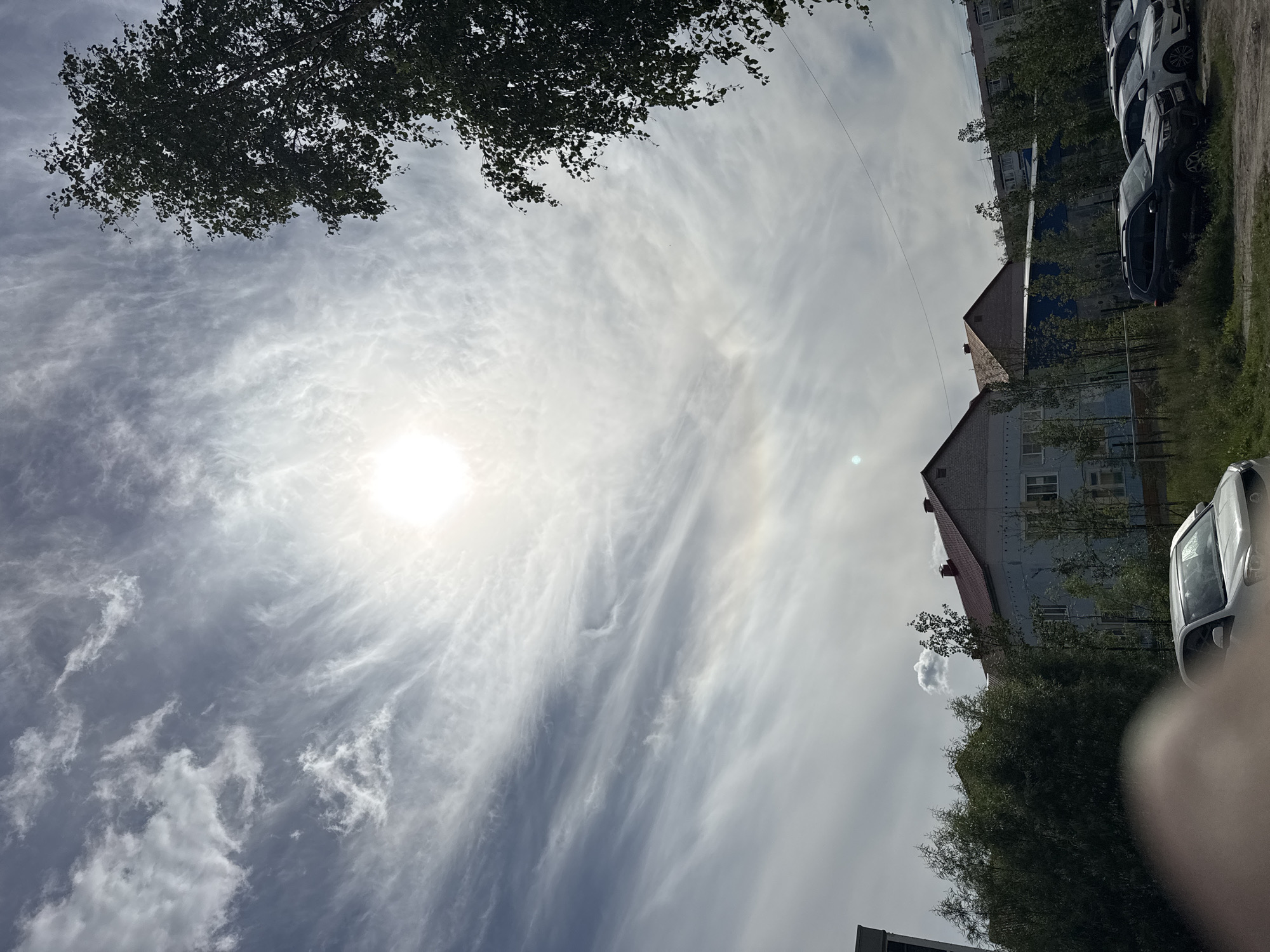 A wide shot captures a daytime scene in Usinsk, Russia, dominated by a bright, hazy sun in the upper center of the frame, surrounded by wispy cirrus clouds that create a halo effect. A tall, dark green tree with dense foliage occupies the upper right corner of the image. In the mid-ground, a row of buildings with reddish-brown and light blue facades is visible, interspersed with numerous tall, slender green trees. Several parked cars, including a dark SUV and a white sedan, are parked in a lot in front of the buildings. The foreground is blurred, with what appears to be a person's hand or arm partially obscuring the lower left portion of the image. The overall environment suggests an outdoor urban setting on a sunny, yet overcast day.