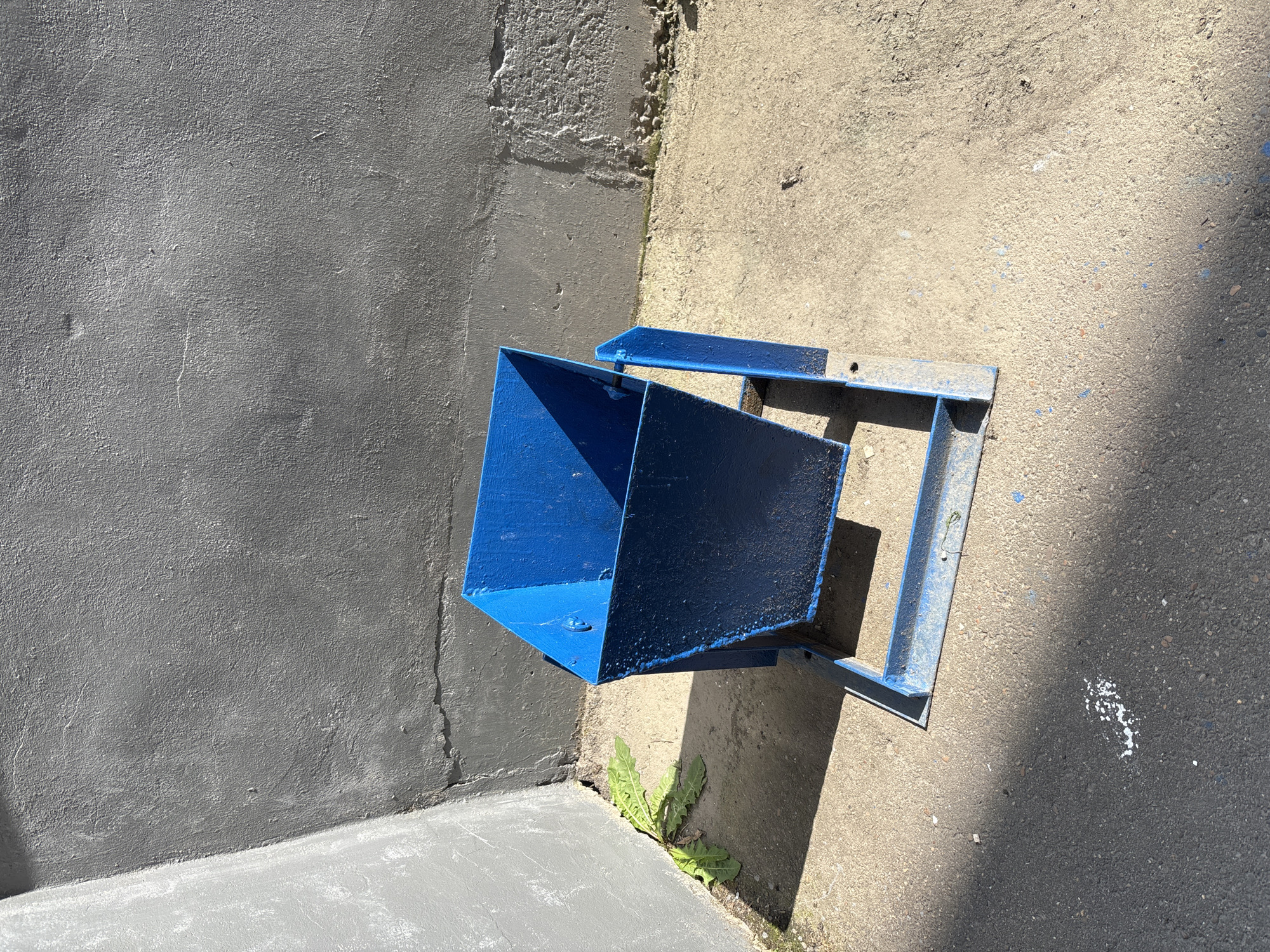 The image shows a blue metal trash receptacle on a concrete surface, likely an alleyway or courtyard, with two grey concrete walls forming a corner. Sunlight casts distinct shadows on the ground and the receptacle. A few green weeds are growing near the base of the left wall. The scene is located in Blagoveshchensk, Russia.