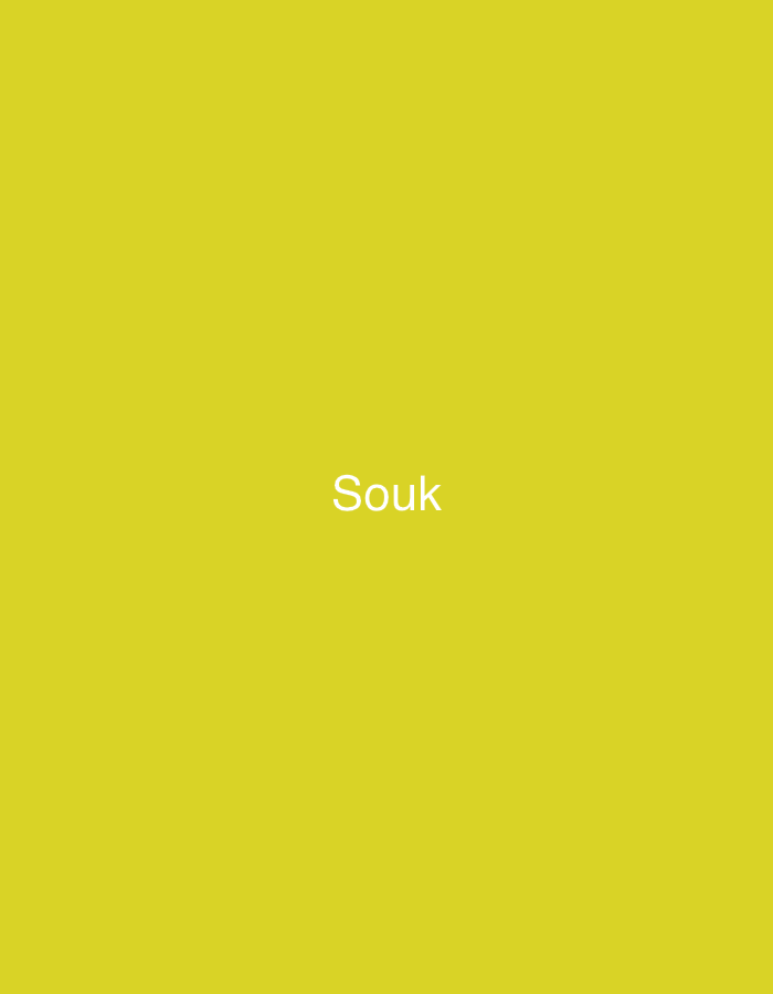 The image displays a solid, vibrant chartreuse-yellow background. Centered horizontally and vertically, the word "Souk" is rendered in a clean, sans-serif font, white in color. No other discernible elements, people, subjects, objects, actions, or interactions are present within the frame. The scene is a minimalist graphic representation. The term "Souk" refers to a traditional marketplace, commonly found in cities like Casablanca, Morocco.