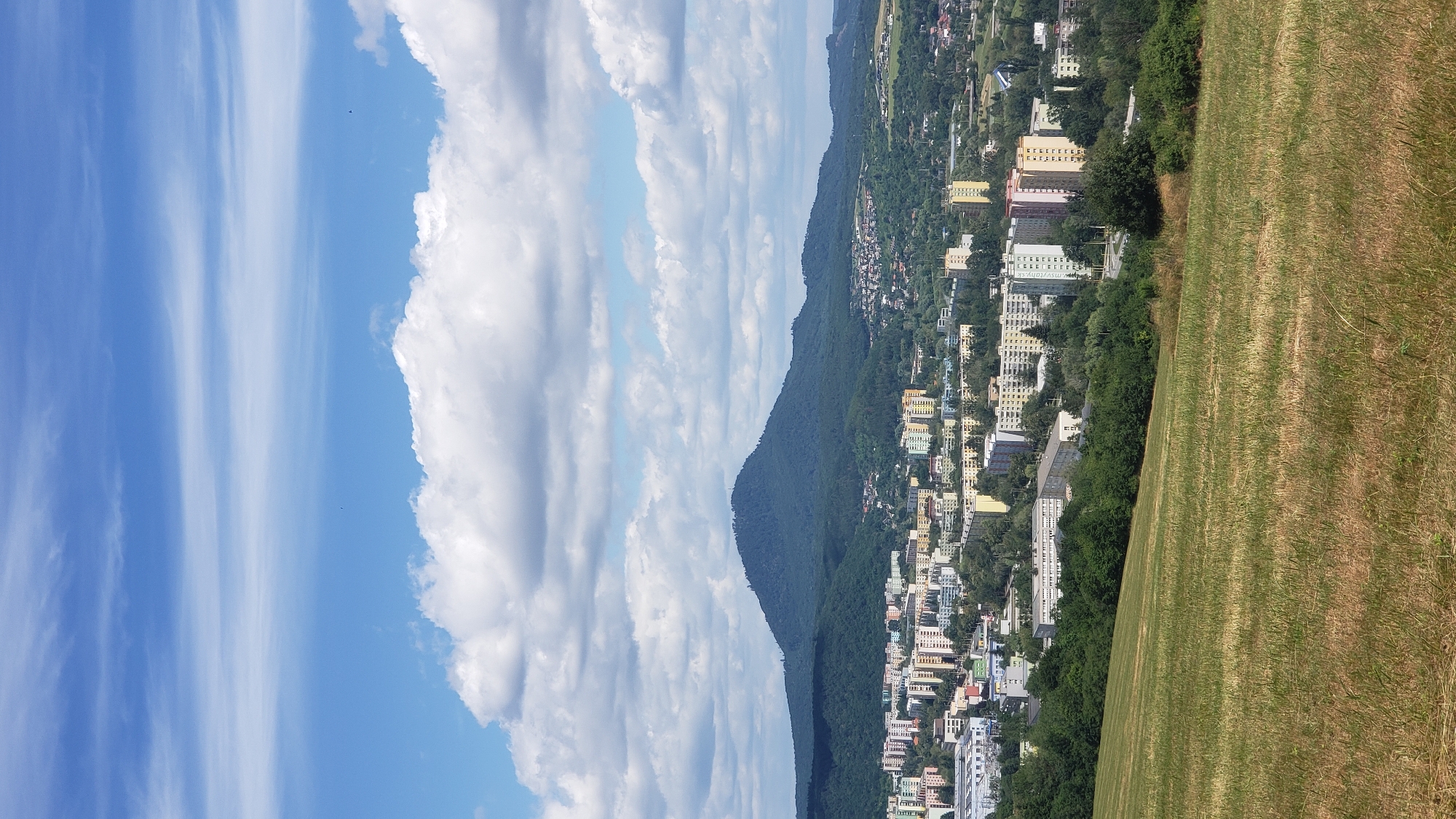 A panoramic, high-angle, full shot captures a view of the city of Prešov, Slovakia, dominated by a large, tree-covered mountain in the background. The sky above is a vibrant blue, punctuated by scattered white cumulus clouds. In the mid-ground, a dense collection of multi-story residential buildings, characteristic of socialist-era architecture, forms the urban landscape. These buildings are of varying heights and colors, with many featuring balconies. A verdant line of trees separates the urban area from the foreground, which consists of a sun-drenched, dry grassy field. The overall scene depicts a bright, clear day, likely during daylight hours, with no people visible.