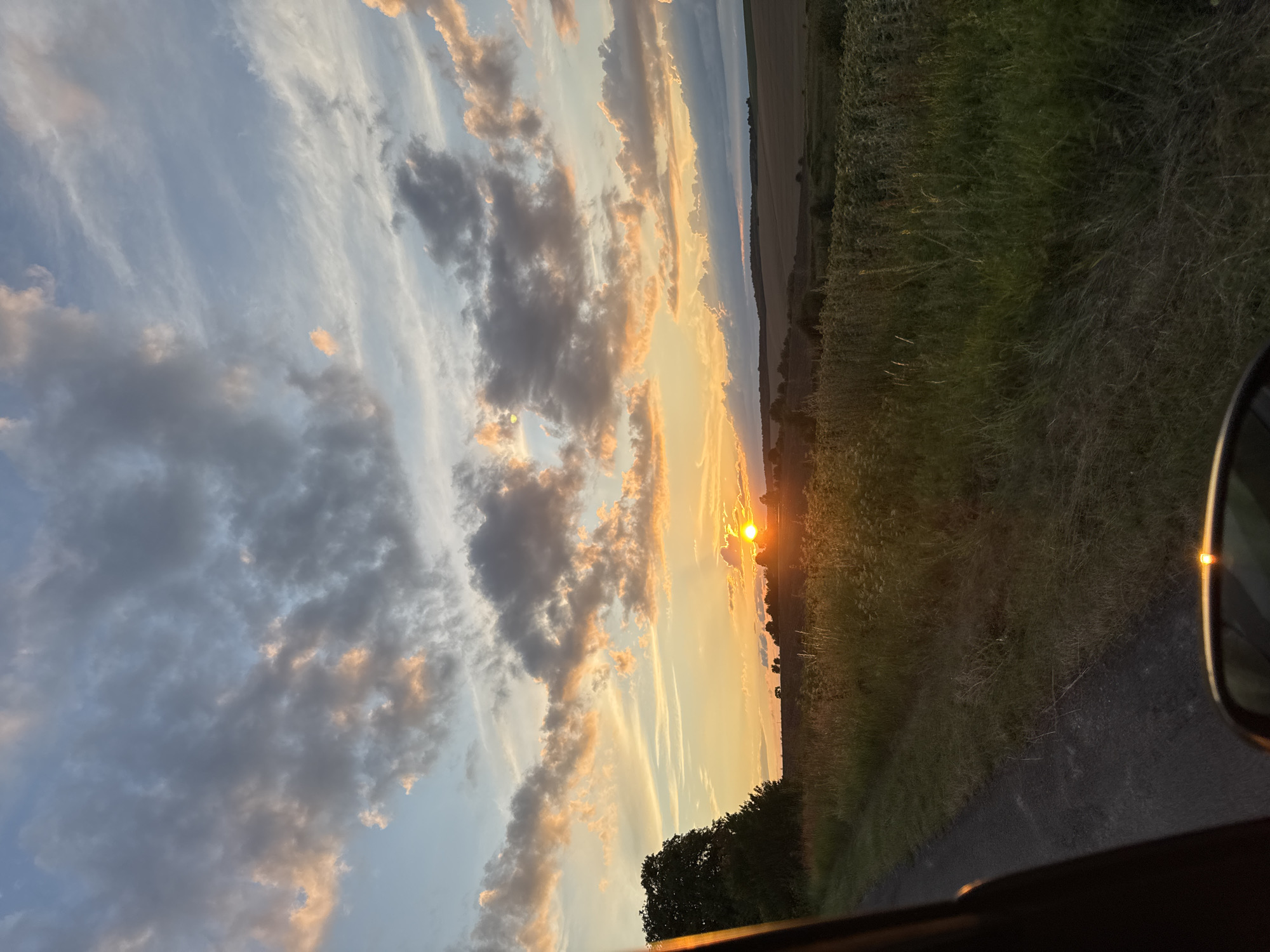 The image depicts a rural landscape at sunset, likely in or near Naraiv, Ukraine. The sun, a bright orange orb, is setting near the horizon, casting a warm glow across the sky and illuminating the clouds. The sky is filled with a mix of light and dark clouds, some tinged with pink and orange from the setting sun. In the foreground, a dark, unpaved road runs alongside a field of tall grass and vegetation. A large tree is visible on the left side of the image, silhouetted against the bright sky. In the distance, rolling hills and fields can be seen, with a few scattered trees and possibly buildings. The overall impression is one of natural beauty and tranquility at the end of the day.