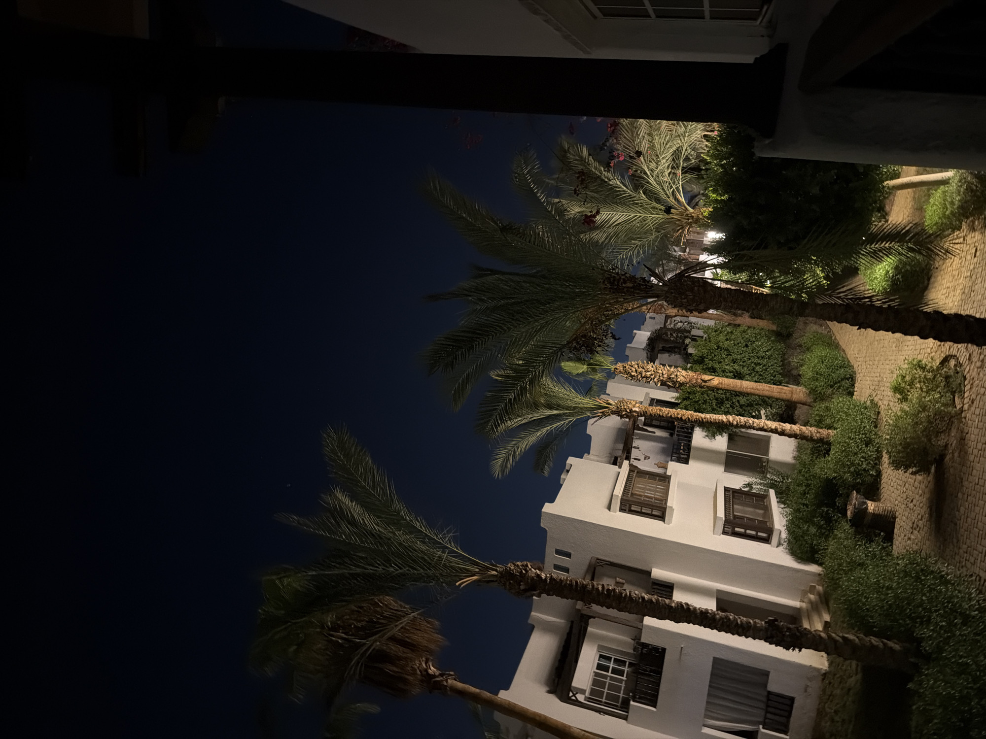 An exterior nighttime view of a white resort building with multiple balconies and windows, set amidst lush green foliage and several palm trees. The sky is a deep, dark blue, indicating it is nighttime. The building appears to be in a resort area in Sharm El Sheikh, Egypt. The ground is paved with a cobblestone-like pattern. Some of the palm trees are illuminated from below, casting shadows. There are no people visible in the frame. The overall scene suggests a tranquil, tropical evening setting.