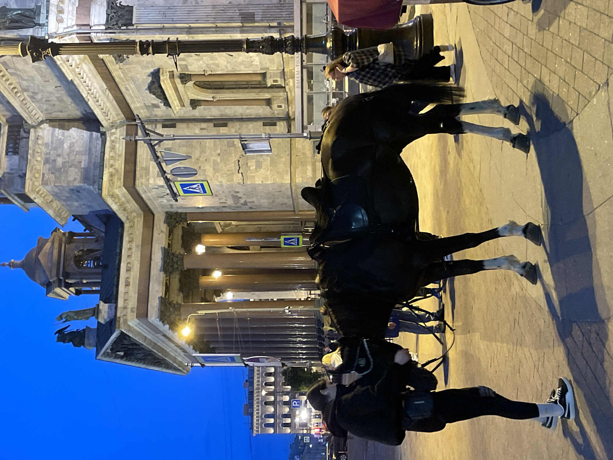 A young person wearing black pants and a black hoodie is standing next to a dark brown horse with white stockings on its hind legs. The person is bent over, seemingly adjusting something on the horse's harness. The horse is saddled and tethered. In the background, a large, ornate building with classical architecture, including columns and statues, dominates the scene. The sky is a deep blue, indicating dusk or early evening. There are streetlights and traffic signals visible. Several other people are present in the background, some walking and others standing. The ground is paved with cobblestones.