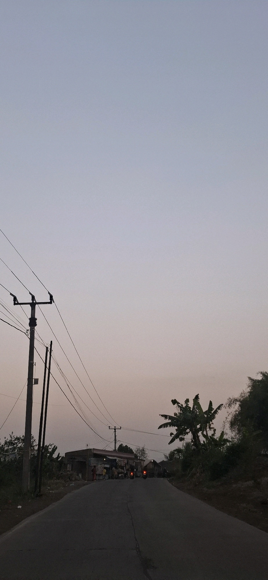 The image depicts a scene in the city of Cibinong Hilir, Indonesia, during twilight. A paved road curves through a rural or semi-rural environment. On the left side of the road, a utility pole with multiple wires stretches upwards against a pale sky. Further down the road on the left, a small building complex with several structures is visible, possibly shops or residences. A few people and motorcycles are present near these buildings. To the right of the road, vegetation, including a banana tree, and dense foliage line the embankment. Another utility pole with wires is situated further down the road on the right. The overall atmosphere suggests a quiet evening in a developing area.