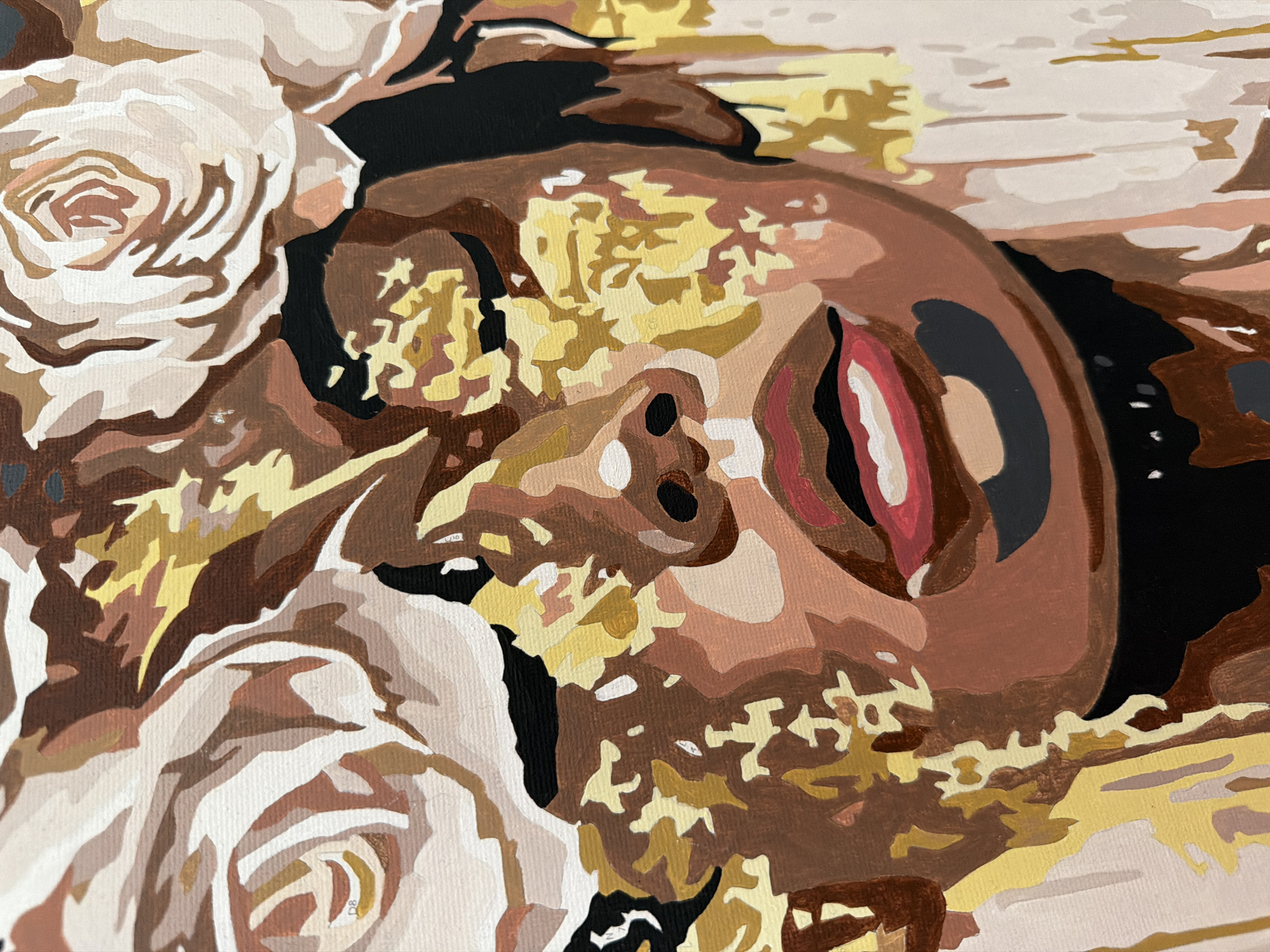 The image is a close-up, stylized portrait of a person with dark skin, their eyes closed. They are adorned with large, pale roses that frame their face, partially obscuring their features. The artwork is characterized by bold, flat areas of color, suggesting it might be a painting by numbers or a similar artistic technique. The color palette is dominated by warm earthy tones, including various shades of brown, gold, and pale pink, interspersed with stark white and black accents. The background is a soft, pale pinkish-beige. There is no discernible location in the city of Semiluki, Russia, visible in the image.