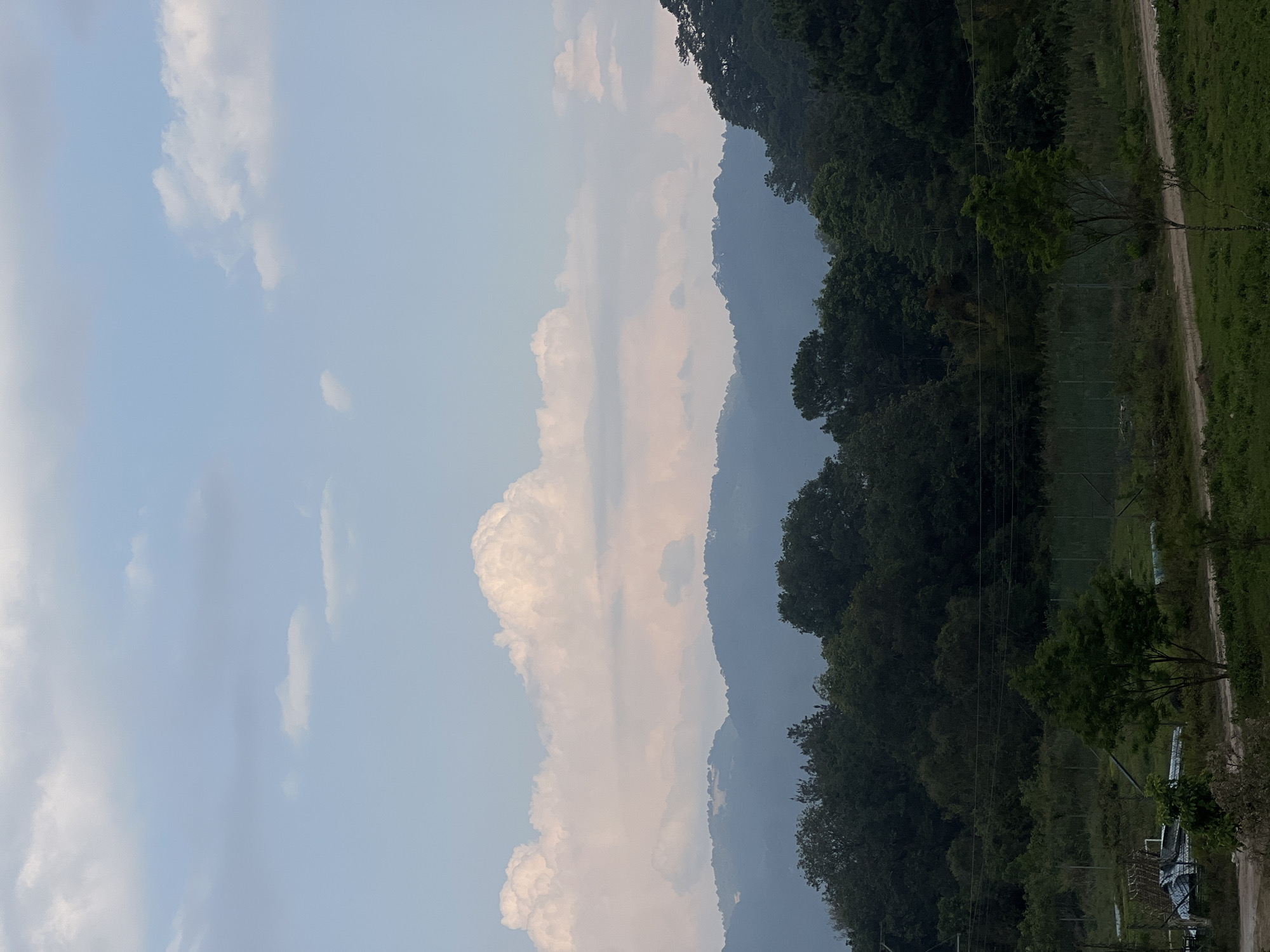 The image shows a landscape with a view of mountains, a forest, and a field or grassy area, likely in a rural or semi-rural setting. The sky is visible with scattered clouds. There is no indication of the location being in La Esperanza, Honduras in the image. Without any people or objects in the immediate foreground, it's difficult to ascertain a specific action or interaction. The environment consists of a mix of natural elements: sky, clouds, mountains, trees, grass.
