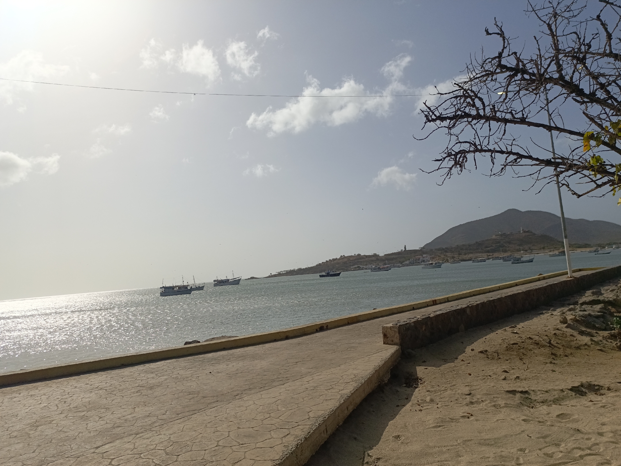 The image presents a waterfront scene in Juan Griego, Venezuela. A concrete walkway or pier is in the foreground, transitioning to a sandy beach area on the right. The calm sea is dotted with several boats of varying sizes. Beyond the sea, there is a coastline with a prominent hill or small mountain in the background. Bare tree branches frame the scene on the right side. The sky is light with scattered clouds, and the sun reflects off the water.
