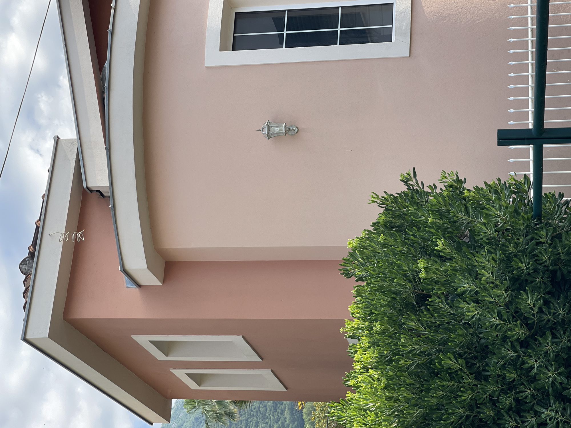 An exterior shot presents a light peach-pink building featuring prominent white trim and architectural elements, set against an overcast sky. The building, likely residential, exhibits a multi-tiered roofline with elegantly curved eaves and soffits. A rectangular window with a white frame and multiple panes is positioned on the upper wall. Below it, a silver-toned, ornate lantern-style outdoor light fixture is mounted. Further down the building's facade, several recessed square or rectangular alcoves are visible.
A large, dense evergreen shrub with small, vibrant green leaves dominates the lower right portion of the frame. Partially obscured by this foliage on the far right, a dark green metal fence post with white, pointed horizontal bars can be seen. The background, particularly in the lower left, reveals blurred green mountains or hills under the cloudy sky. The overall scene suggests a tranquil setting in a location with natural beauty, consistent with Đenovići, Montenegro. The image is taken during the daytime. No specific activities or visible text are present.