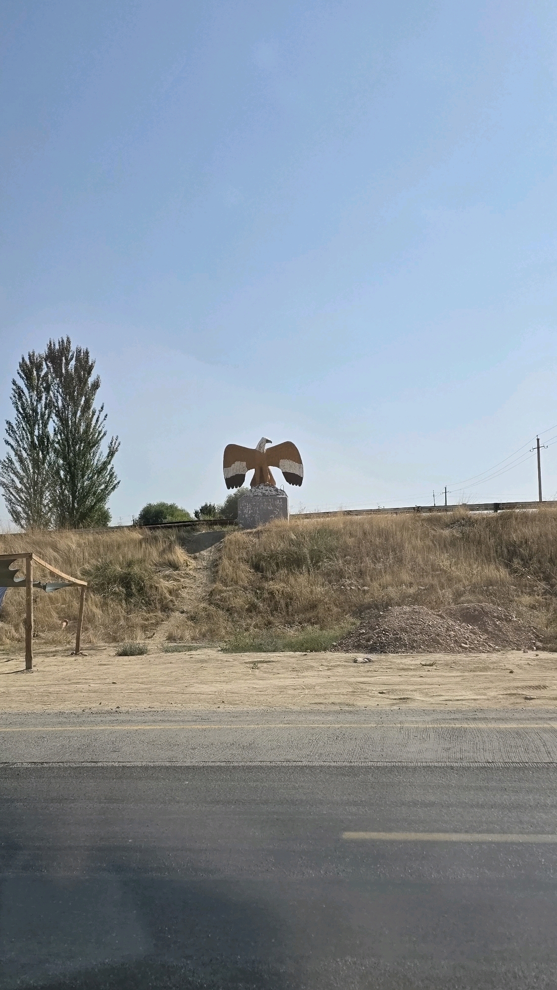 The image shows a statue of a bird, likely an eagle, with its wings spread wide, perched atop a concrete pedestal. The statue is located on a grassy hill, with dry, golden grass dominating the landscape. A tall, slender tree stands to the left of the statue, its foliage dense and dark green. In the foreground, a paved road with a yellow line runs horizontally across the frame. A small, open-sided structure with a thatched roof, possibly a shelter or a simple market stall, is visible on the left side of the image, near the road. Power lines and poles are visible in the background, suggesting the presence of infrastructure. The sky is clear and blue, indicating a sunny day. The overall scene appears to be in a rural or semi-rural area, possibly on the outskirts of a city.