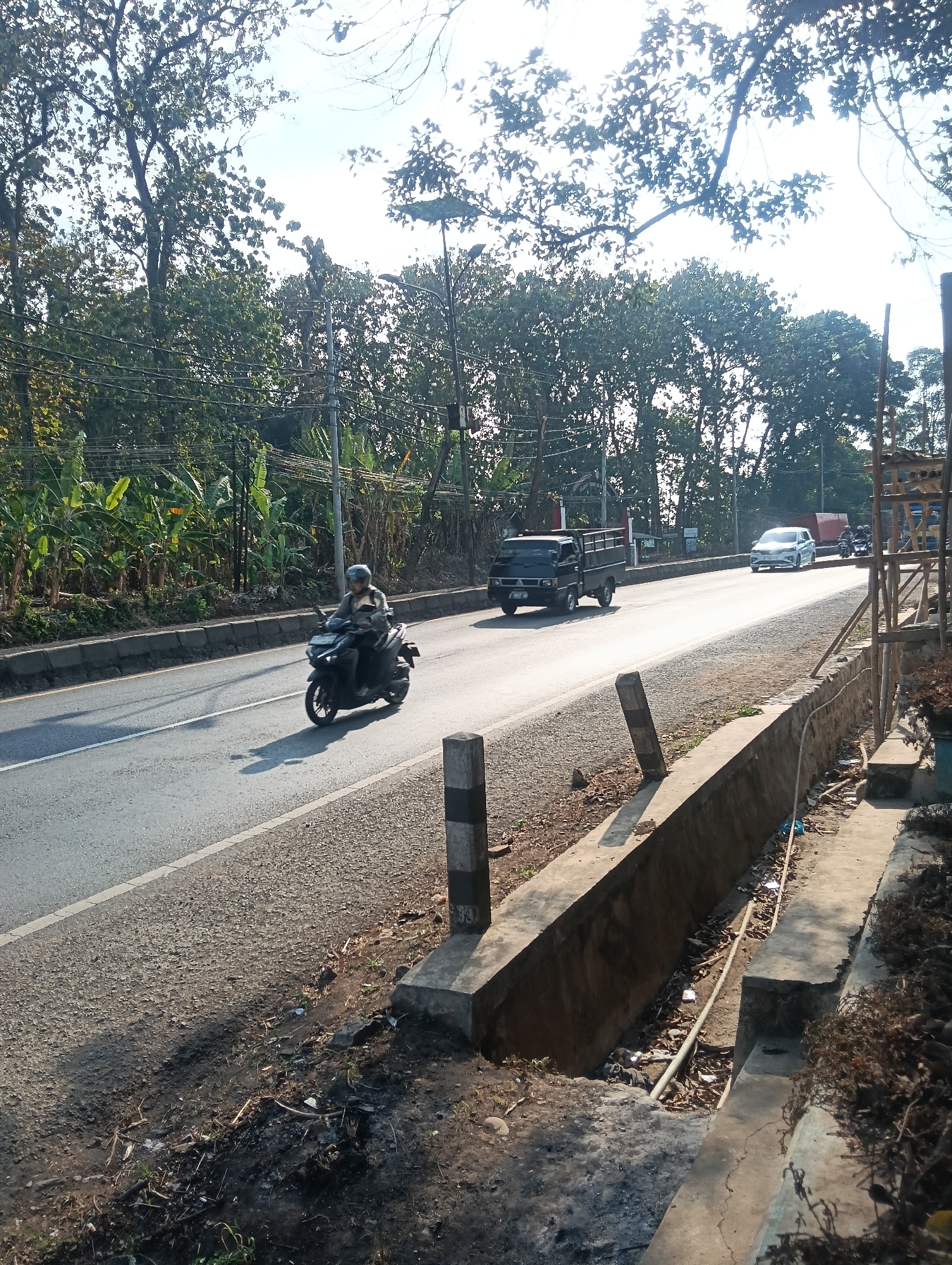 In Adinuso, Indonesia, a paved road runs horizontally across the image, with a motorcycle carrying a person in a helmet and jacket moving from left to right in the foreground. To the left of the road, a dense line of banana trees is visible, backed by a wall of larger trees under a bright sky. A black pickup truck travels on the road to the right of the motorcycle, followed by a white car and other vehicles further in the distance. A concrete drainage ditch runs along the right edge of the road, containing debris. The scene appears to be a street in a tropical, rural or semi-rural area.