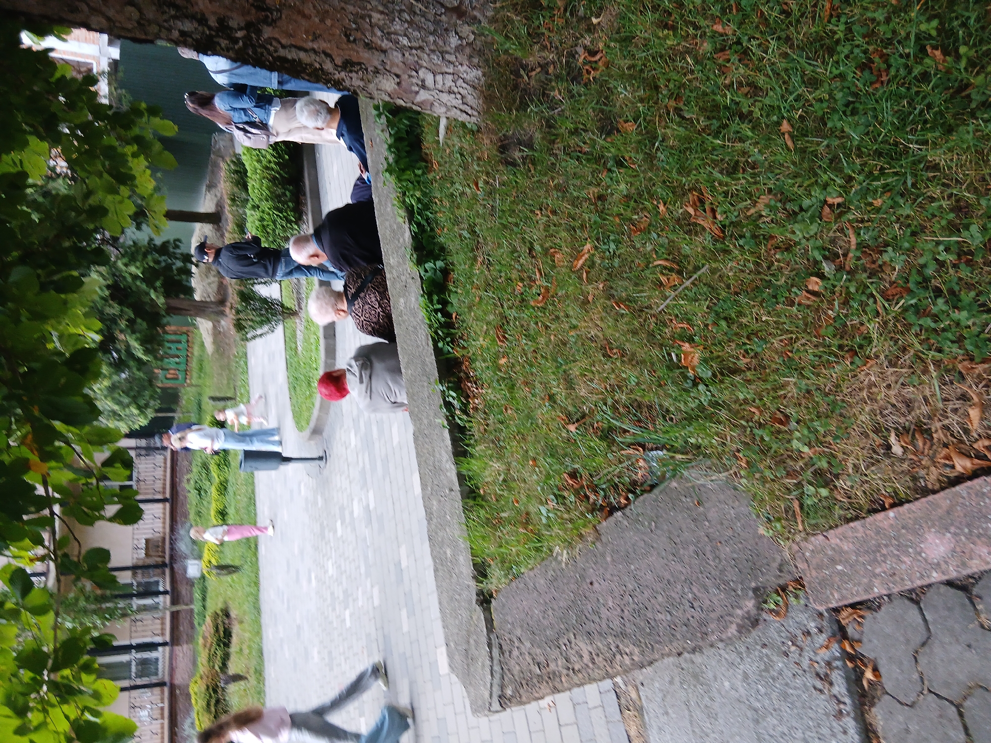 A scene unfolds outdoors, likely in a park or public walkway in Truskavets, Ukraine. In the foreground, a concrete curb runs diagonally, bordering a patch of overgrown grass with scattered fallen leaves. Behind this, a paved walkway is visible, where several people are situated. In the mid-ground, a group of older individuals are seated on the edge of the curb, facing away from the camera. One individual wears a gray hooded jacket, another a patterned shirt, and a third a dark jacket. To the left, a person wearing a gray hooded jacket is partially visible from the back. Further back on the walkway, a person in a black jacket and a cap is walking, looking at a mobile phone. Two women are walking towards the background, one in a denim jacket with a backpack and the other in a light-colored jacket. Two young girls are also present on the walkway; one in pink pants stands near a trash can, and another in a pink dress is walking. In the background, a building with balconies is visible, set against a backdrop of trees and a green fence. The overall lighting suggests an overcast day.