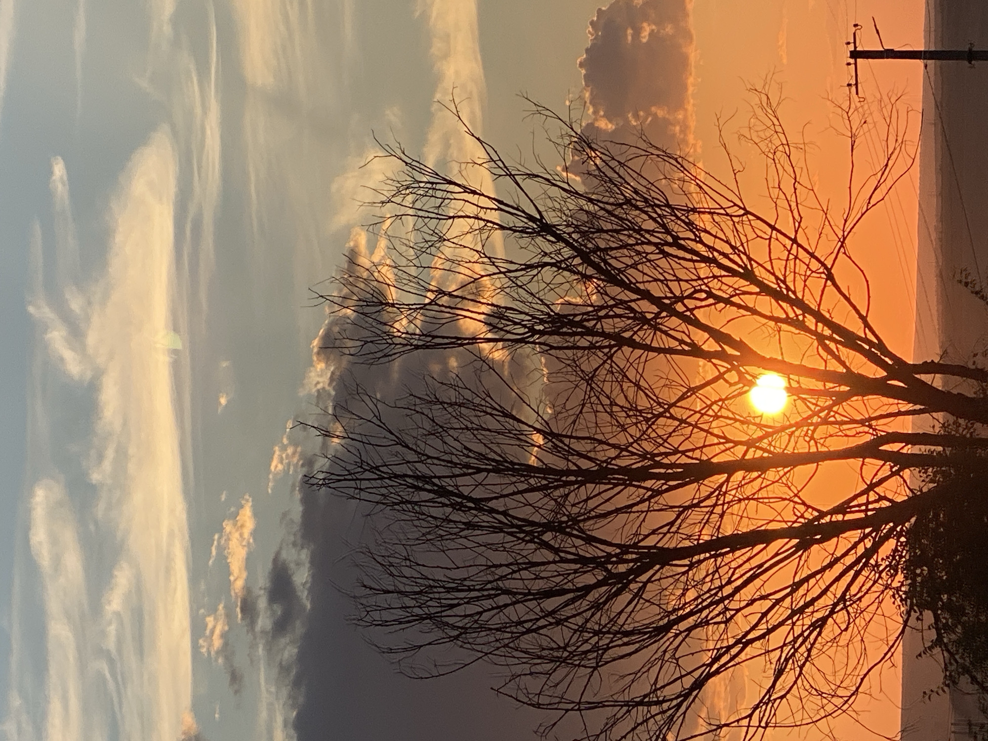 This image captures a sunset in Cairaclia, Moldova. A silhouetted tree with bare branches is in the foreground, with the setting sun visible through its branches, casting a bright orange glow. The sky is filled with clouds, ranging in color from gray to orange and light blue. In the distance, a utility pole with wires is visible on the right side of the frame. The landscape below the horizon appears to be rural, with rolling hills.