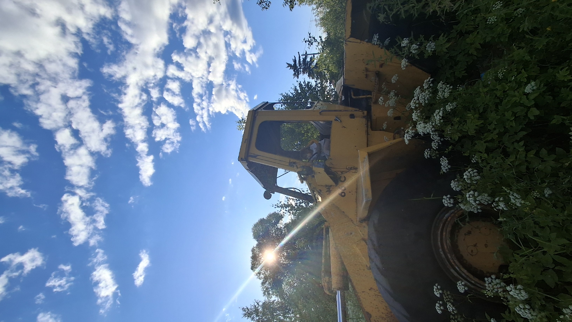 This is a vertically oriented, full-shot photograph of a yellow, vintage construction vehicle, possibly a loader or bulldozer, parked outdoors amidst overgrown vegetation. The vehicle is positioned on the right side of the frame, with its cab and large tires dominating the lower portion of the image. The cab is open, and a person is visible inside, though their features are obscured.
The setting appears to be a natural, possibly rural environment in Innolovo, Russia, given the lush green foliage, trees, and white wildflowers encroaching on the machine. The sky above is a vibrant blue, adorned with scattered white, wispy clouds, suggesting it is daytime with fair weather. The sun is visible, casting a lens flare and illuminating the scene with a bright, warm light, indicating it is likely late morning or early afternoon. The overall mood is one of stillness and neglect, with the once-functional machinery being reclaimed by nature.
There is some faint, unreadable text on the side of the vehicle, near the cab. The image conveys a sense of abandonment and the passage of time, with the sunlit sky and abundant plant life contrasting with the weathered yellow of the construction equipment.