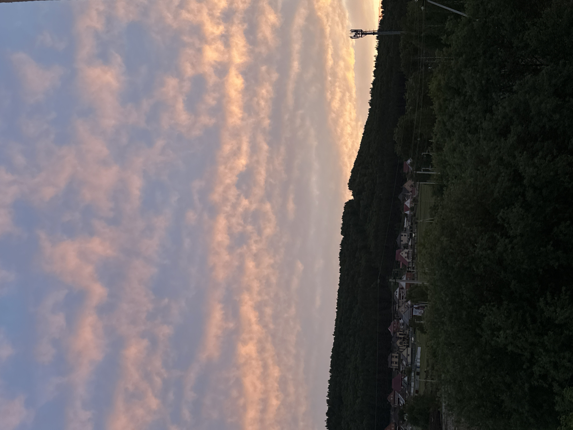 The image captures a landscape scene, likely taken in the evening due to the light in the sky. The sky is filled with elongated clouds exhibiting a pinkish hue, potentially reflecting the setting sun. On the right side of the frame, a hill is visible, densely covered with trees. A few houses can be seen scattered along the base of the hill, suggesting a residential area. A tower stands on top of the hill, potentially a communication tower. Overall, the scene is peaceful, depicting a natural landscape with some signs of human habitation.