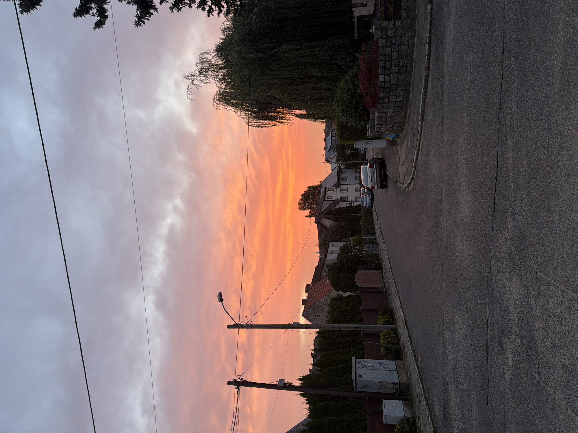The image captures a street scene in Szczecin, Poland, at dusk. The sky is painted with vibrant hues of orange and pink, indicating a sunset or sunrise. A paved road runs through the middle of the frame, with sidewalks on either side. Several houses with red tiled roofs are visible, lining the street. A large weeping willow tree dominates the right side of the image, its branches hanging low. There are two cars parked on the street. Electrical poles and wires are prominent in the sky. The overall atmosphere is tranquil and serene, suggesting a quiet residential neighborhood.