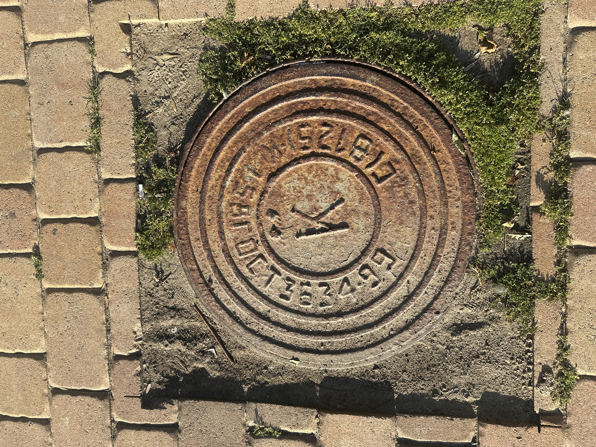 The image shows a close-up, overhead view of a rusted manhole cover set into a brick walkway. The manhole cover is circular and has concentric raised rings. In the center, there is a raised capital letter "K" within a square outline. Around the outer edge of the manhole cover, there is embossed text that is partially obscured by rust and debris, but appears to read "GGT 2251200". The manhole cover is surrounded by a square area of packed dirt and moss, with the brick walkway forming the border. The bricks are a light brown or tan color, and are laid in a running bond pattern. There are small patches of green moss growing in the cracks between the bricks and around the manhole cover. The lighting suggests it is daytime, with shadows cast from the bricks. The location is identified as Minsk, Belarus.