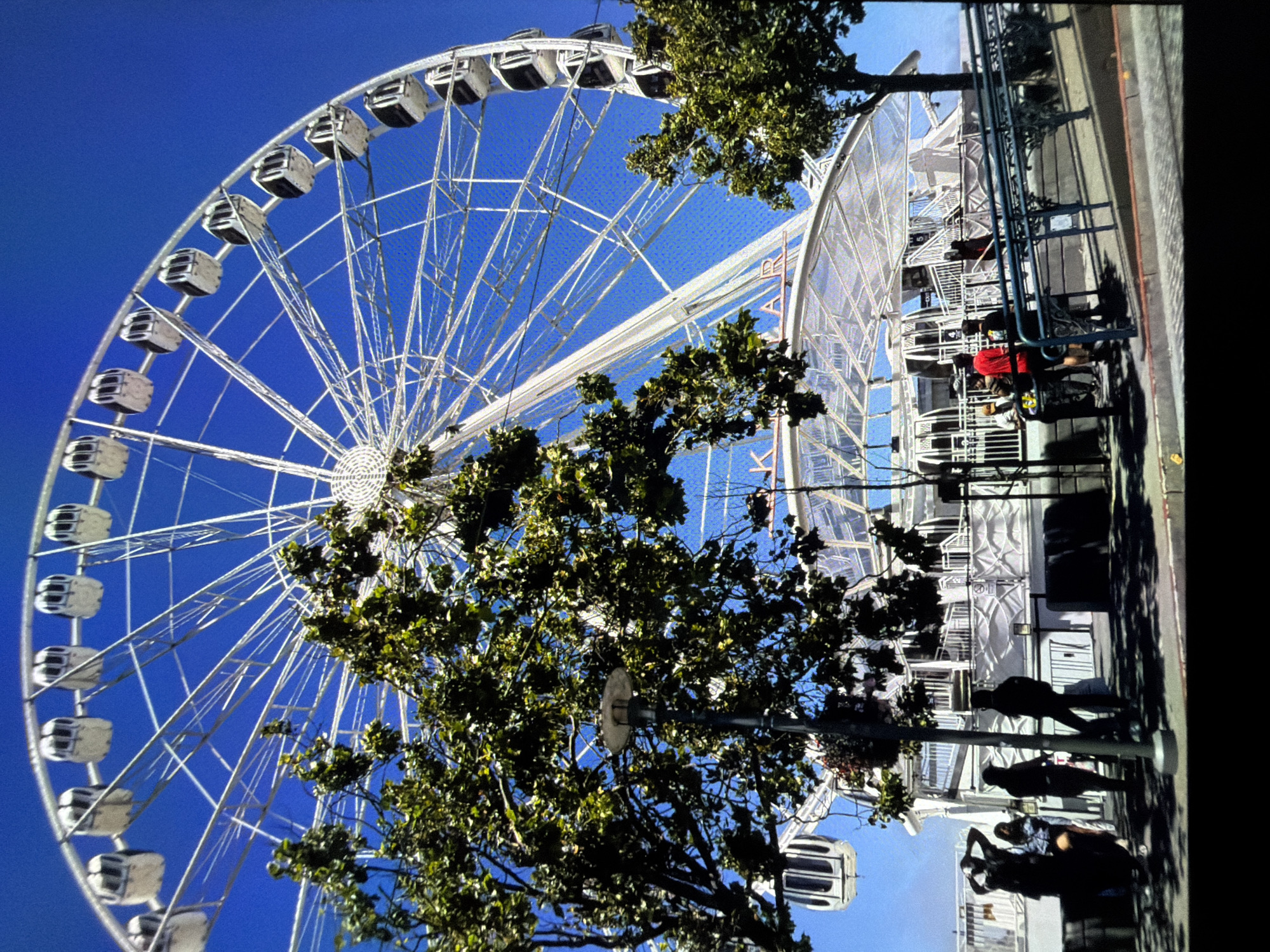 This is a photograph of the Ferris wheel at the Old Sacramento Waterfront in Sacramento, California. The large, white Ferris wheel dominates the upper half of the image, set against a clear blue sky. Several white gondolas are visible on the wheel. In the foreground, there are trees with green foliage and a lamppost. Below the Ferris wheel, a white, arched structure with translucent roofing is visible, and a ramp with blue railings leads up to a platform where several people are standing and walking. The people are silhouetted or partially visible and appear to be dressed in casual clothing. The ground in the foreground is paved, and the overall impression is a sunny day at a waterfront attraction.