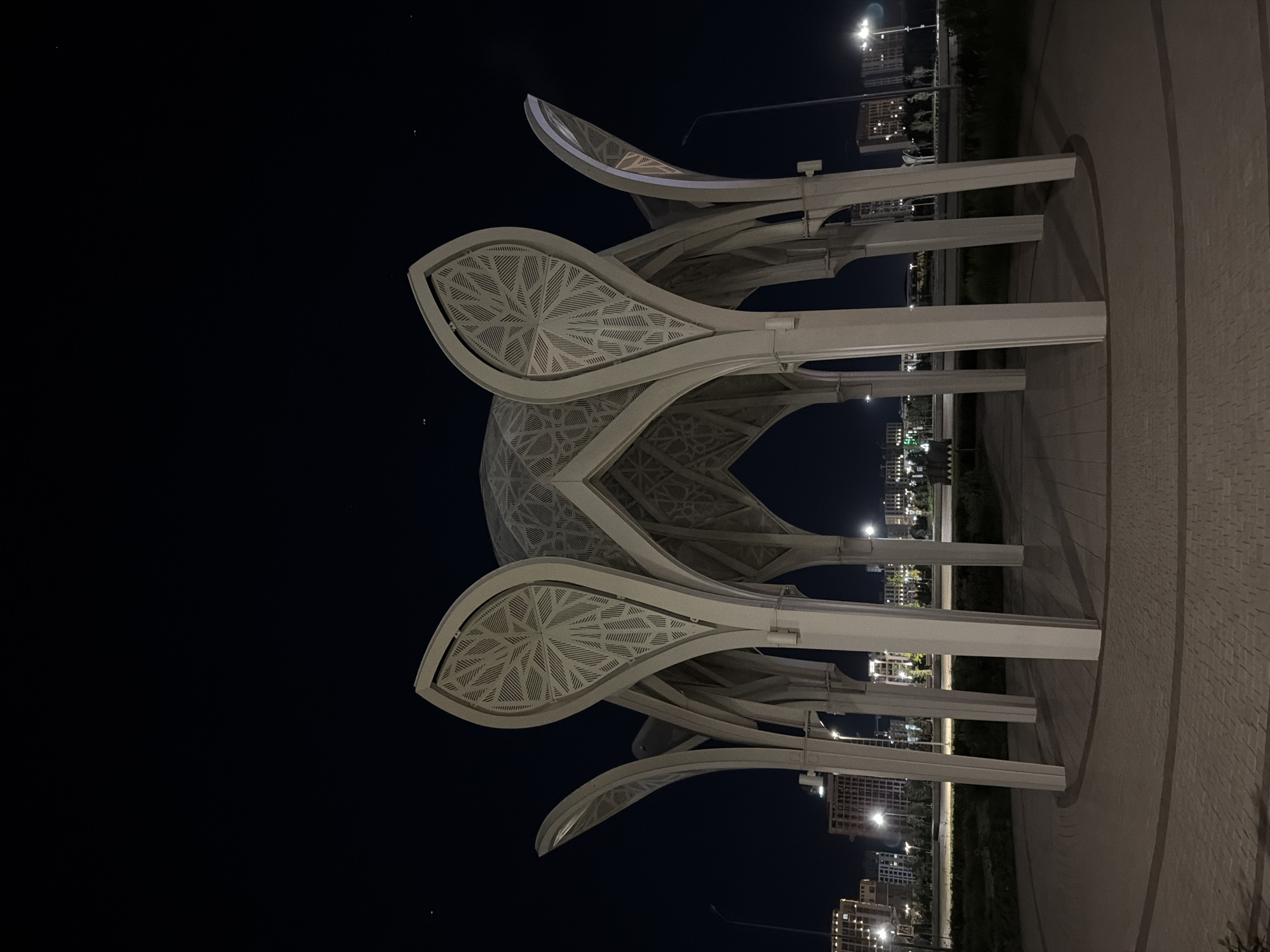An unpeopled, wide-angle, night-time outdoor shot captures a large, modern, petal-shaped white structure with intricate geometric patterns. The structure has a domed roof supported by numerous pillars. The foreground features a circular paved area with a brick-like pattern. In the background, city lights illuminate buildings and streetlights are visible, suggesting an urban setting. The sky is dark, with a few faint stars visible. The architecture of the pavilion, with its prominent white pillars and the petal-like extensions, is the central focus. The overall impression is of a public monument or pavilion located in the city of Astana, Kazakhstan.