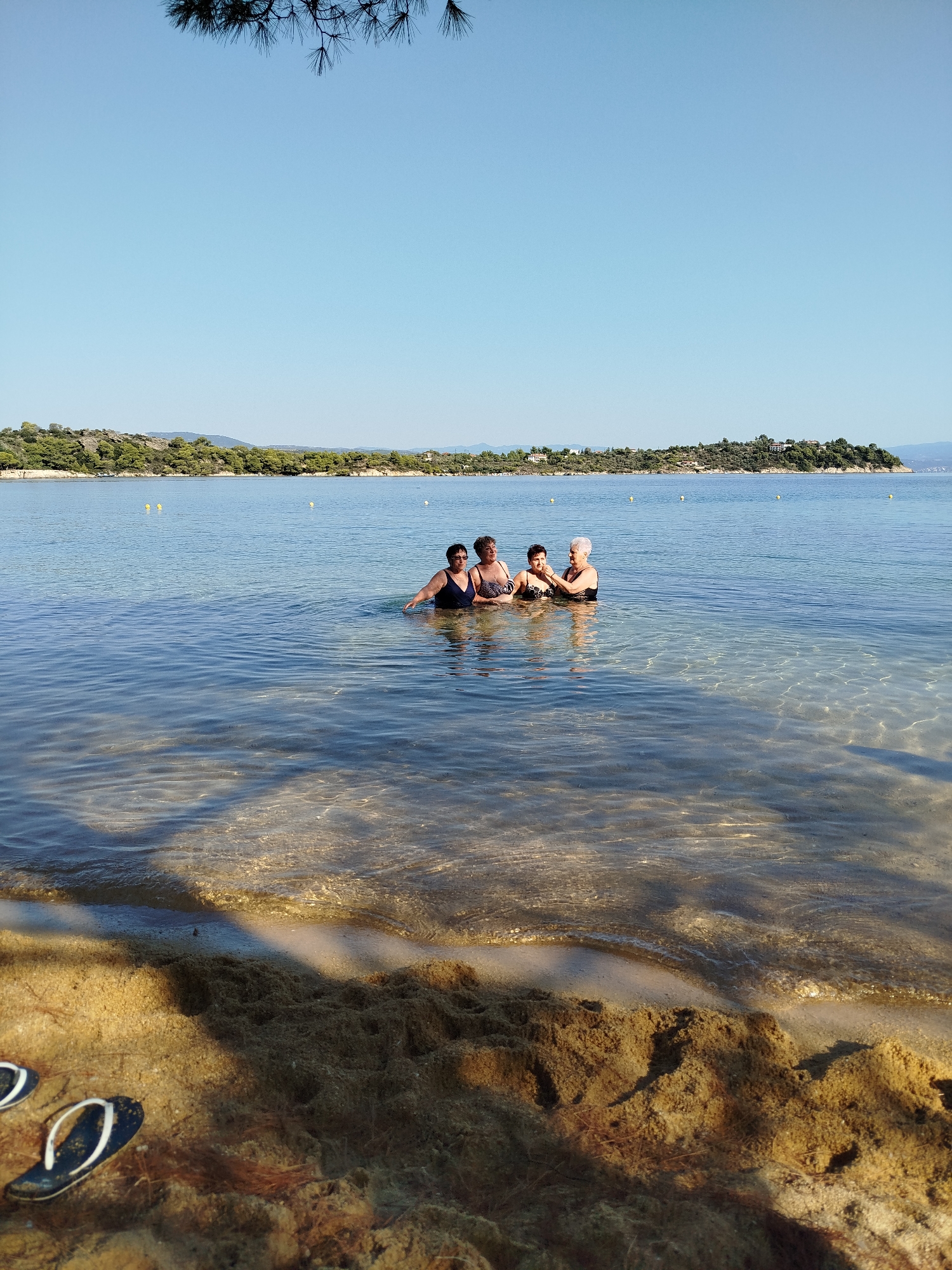 Four individuals are standing in shallow, clear water at a beach. The water is calm with some ripples, and the sandy seabed is visible through the water. In the foreground, a sandy shore is visible with two flip-flops on the sand near the water's edge. The background features a lush, green coastline with trees and some buildings. The sky is clear and blue. The scene appears to be a sunny day at a coastal location, likely in Sithonia Municipal Unit, Greece, given the vegetation and coastal landscape.