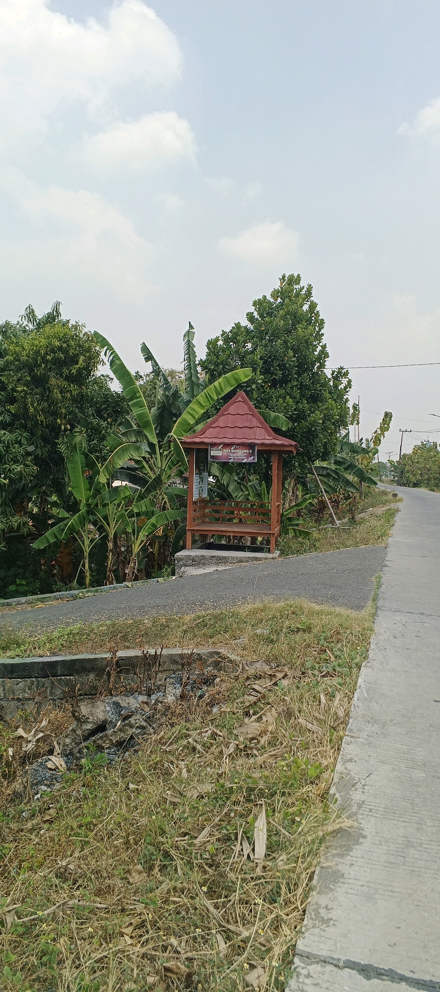This is a medium-shot photograph taken outdoors in Laren, Indonesia. The scene depicts a rural roadside with a small, open-sided wooden gazebo situated on the left side of a paved road. The gazebo has a red tiled roof and a wooden bench inside. A sign is affixed to the gazebo's wall, partially obscured by the roof. Lush green vegetation, including banana trees and other leafy plants, surrounds the gazebo and lines the roadside. The road itself appears to be a two-lane asphalt surface, curving towards the right and disappearing into the distance. The foreground of the image is dominated by dry, overgrown grass and a concrete structure, possibly a drainage channel or retaining wall, showing some signs of disrepair with debris. The sky is overcast with scattered white clouds. There are no people or animals visible in the frame. The overall impression is of a quiet, somewhat unkempt roadside area in a tropical environment.