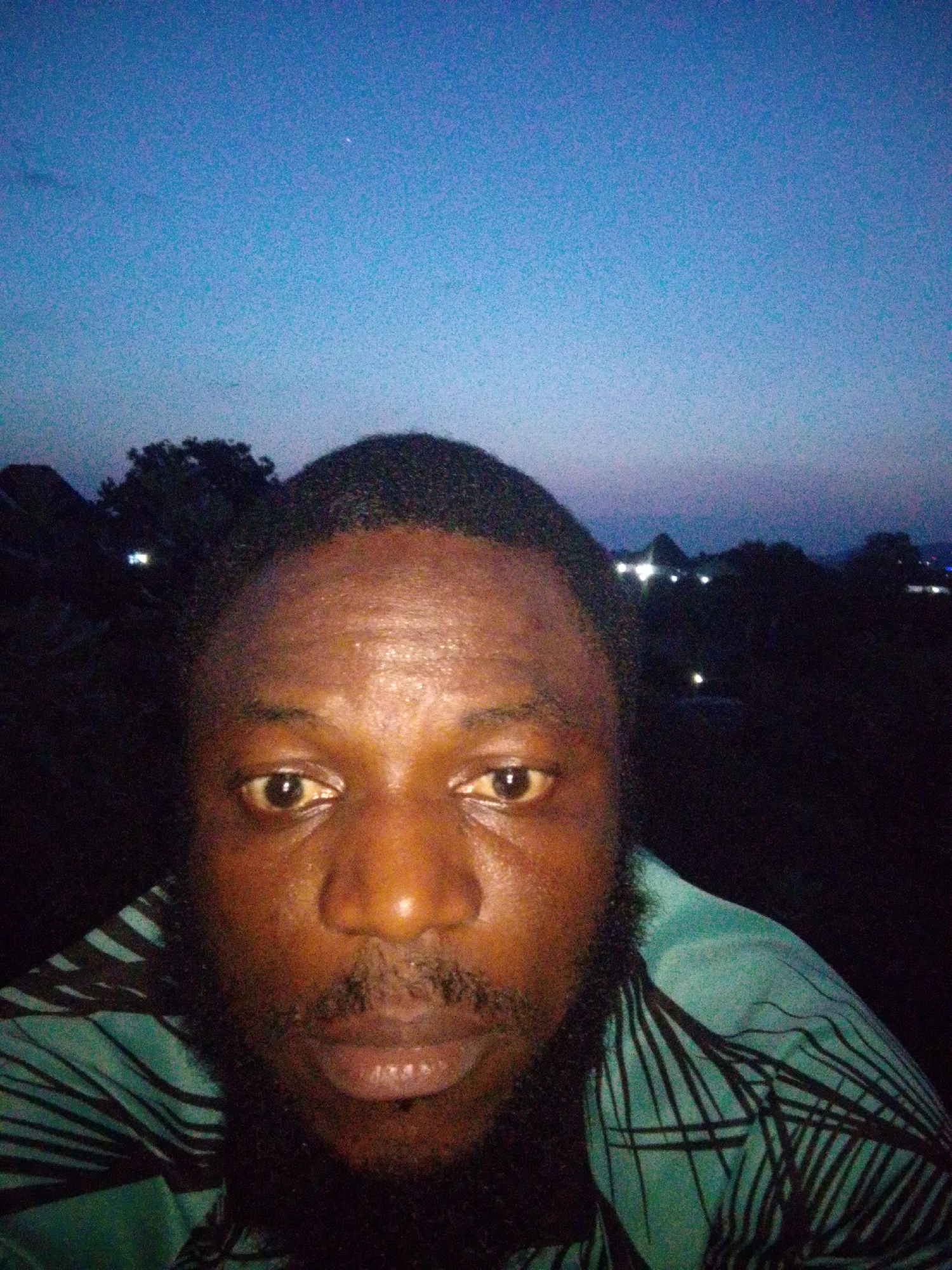 A medium close-up photograph shows a Black man with dark hair and a dark beard. The photograph appears to be taken outdoors at dusk or night, judging from the sky above. In the background, lights suggest a city or urban area. Given the location, these lights may be those of the city of Lokoja, Nigeria, though specific landmark identification cannot be confirmed from this image. The man is wearing a teal-colored shirt with a black leafy pattern. The facial expression is neutral.