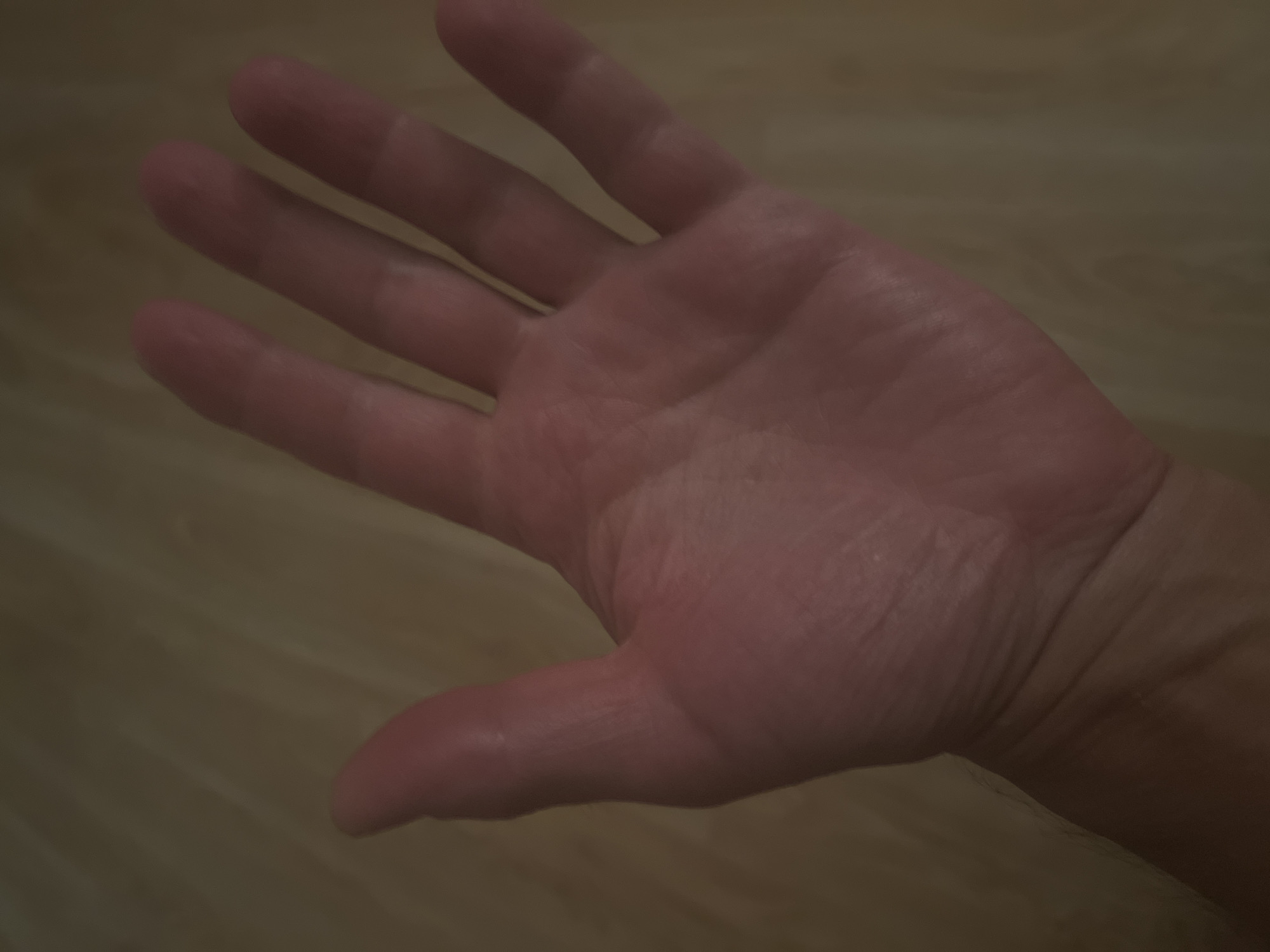 A close-up shot captures the palm of a person's hand, fully extended, against a blurred background of what appears to be a light-colored, wooden surface. The lighting is dim, casting a reddish hue on the skin, highlighting the natural lines and creases of the palm and fingers. The hand is the sole subject of the image, with no other objects or individuals visible. The environment is nondescript and out of focus, providing no contextual information about the location within Bobrovka, Russia, or any other specific setting. The image is purely an anatomical study of a hand in a dimly lit, indistinct environment.