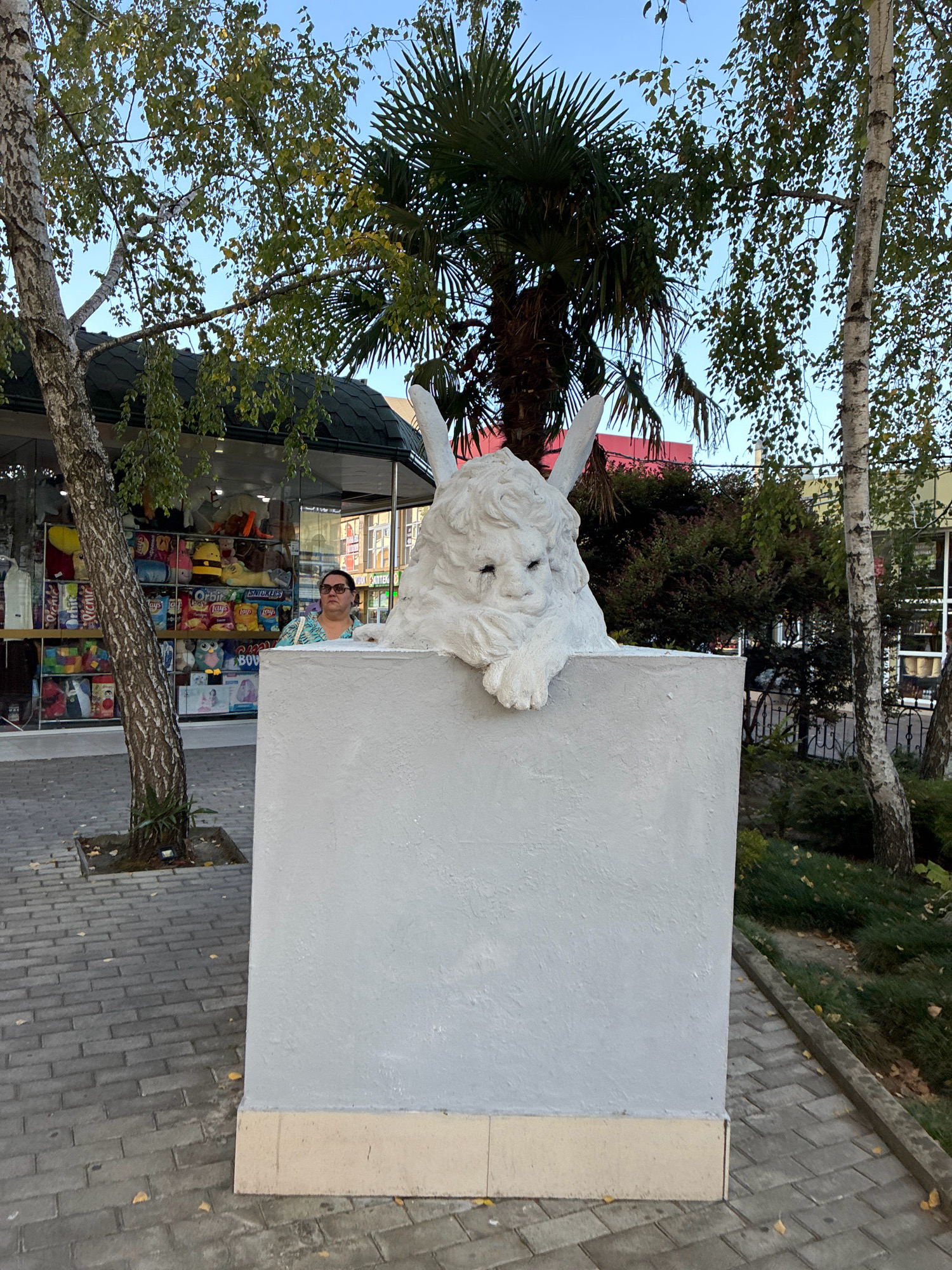 A person wearing sunglasses and a teal and white patterned top stands behind a white concrete cube on a city sidewalk in Sochi, Russia. The cube has a white sculpture of a creature's head with large ears and eyes resting on top. The creature's head appears to be made of plaster or a similar material and is white. Behind the person and the cube is a store with a glass facade displaying various merchandise, including toys and snacks. To the left of the scene is a tree with a textured bark and green leaves. In the background, palm trees and other greenery are visible, along with buildings. The sidewalk is paved with gray rectangular stones, and some fallen yellow leaves are scattered on the ground. The sky is clear and blue.
