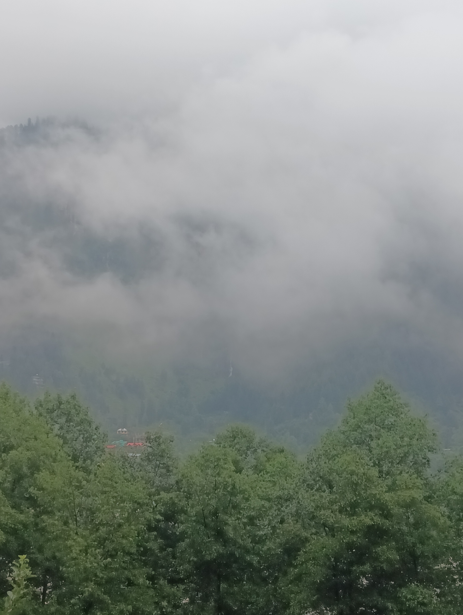The image depicts a misty, overcast mountain landscape with lush green foliage in the foreground. In the middle ground, several buildings with red roofs are nestled amongst the trees. The distant mountains are shrouded in thick fog and clouds, creating a serene and ethereal atmosphere. The scene appears to be a natural landscape in or around Goshal, India.