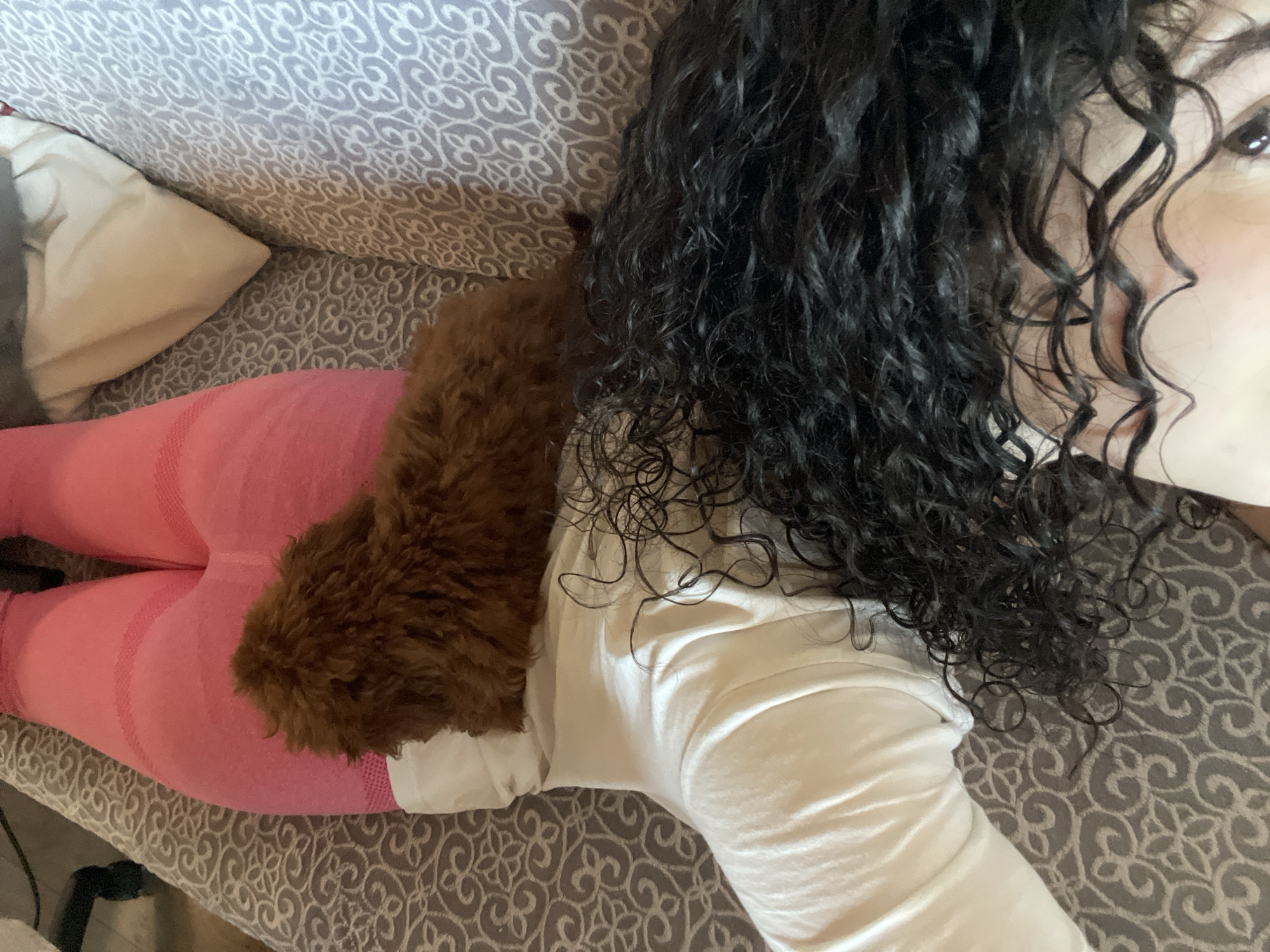 A high-angle view shows a woman with dark curly hair lying on a patterned gray and white couch, with a small brown dog resting on her pink-clad lower body. She is wearing a white long-sleeved shirt. A white pillow is visible on the left side of the couch. The location in Sofia, Bulgaria cannot be determined from the image.