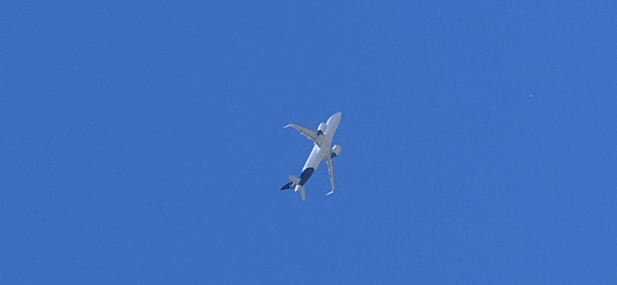 The image captures an airplane flying in a clear blue sky. The airplane is white with a dark tailfin that features a logo. It appears to be a commercial passenger jet. The perspective suggests the photo was taken from below, looking upwards. There is no discernible urban landscape or any specific landmarks that would indicate the city of Mainz, Germany. The environment is solely the sky.