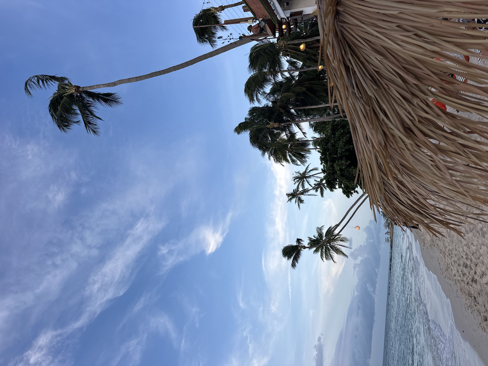 The image depicts a tropical beach scene at dusk in Ko Samui District, Thailand. In the foreground, a thatched umbrella is visible, partially obscuring the view. The beach is sandy and stretches to the left, meeting the ocean with gentle waves. A few palm trees are scattered along the coastline, with some leaning dramatically towards the sea. In the background, a building with an outdoor seating area is present, featuring string lights and a person working on a raised platform. The sky is a blend of blue and grey clouds, with wispy white clouds indicating the transition from day to evening. The overall atmosphere is serene and relaxed, typical of a beachfront resort.