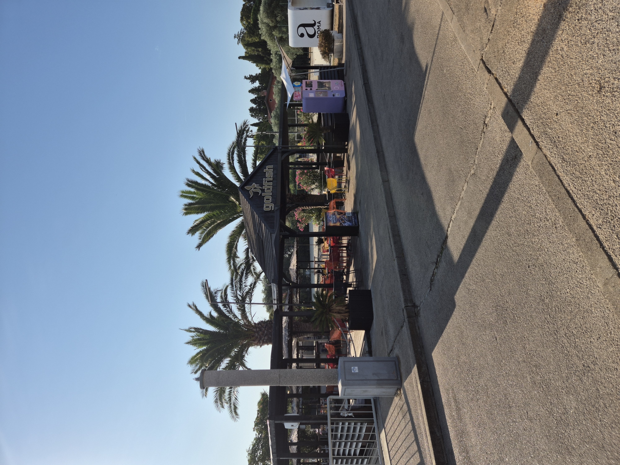 The image captures a view of a beachside establishment named "Goldfish" in Monterol, Croatia, on a clear, sunny day. The establishment features an open-air, covered seating area with numerous tables and chairs, many of which are orange and yellow. Palm trees are prominent, with two large ones framing the central structure and a smaller one planted in a black pot. A grey trash receptacle is situated to the left of the entrance, and a white fence encloses a portion of the area. To the right of the "Goldfish" structure, a purple vending machine stands, and further to the right, a white rectangular building displays a large black letter "a" above the word "ROMA". The ground in front of the establishment is paved, with a road running parallel to it. Shadows from the structure and palm trees are cast across the pavement, indicating the time of day. The sky is a clear, vibrant blue, with no visible clouds. The overall scene suggests a relaxed, outdoor dining or recreational setting.