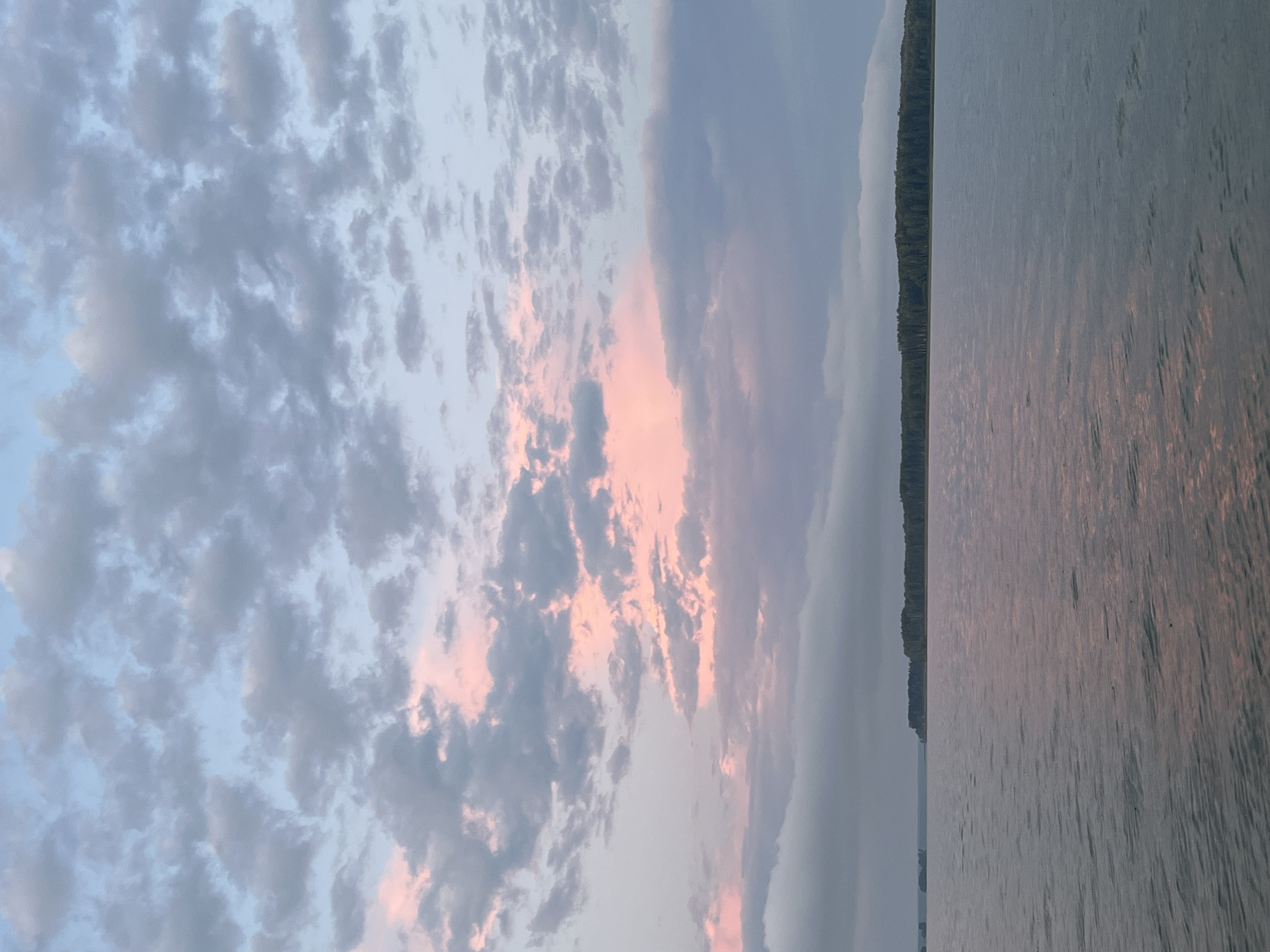 The image captures a serene landscape at dusk, likely near Novopichugovo, Russia. The scene is dominated by a vast body of water, possibly a lake or river, reflecting the soft hues of the setting sun. The water's surface is gently rippled, creating a textured pattern that catches the light. In the distance, a tree-lined shore forms a dark, silhouetted band against the horizon. Above, the sky is a canvas of evolving colors. Wispy clouds, tinged with soft pinks and purples from the sunset, intermingle with areas of pale blue and grey. The overall atmosphere is peaceful and tranquil, evoking the quiet beauty of nature at the close of day. There are no people or specific man-made objects visible that would indicate urban activity.