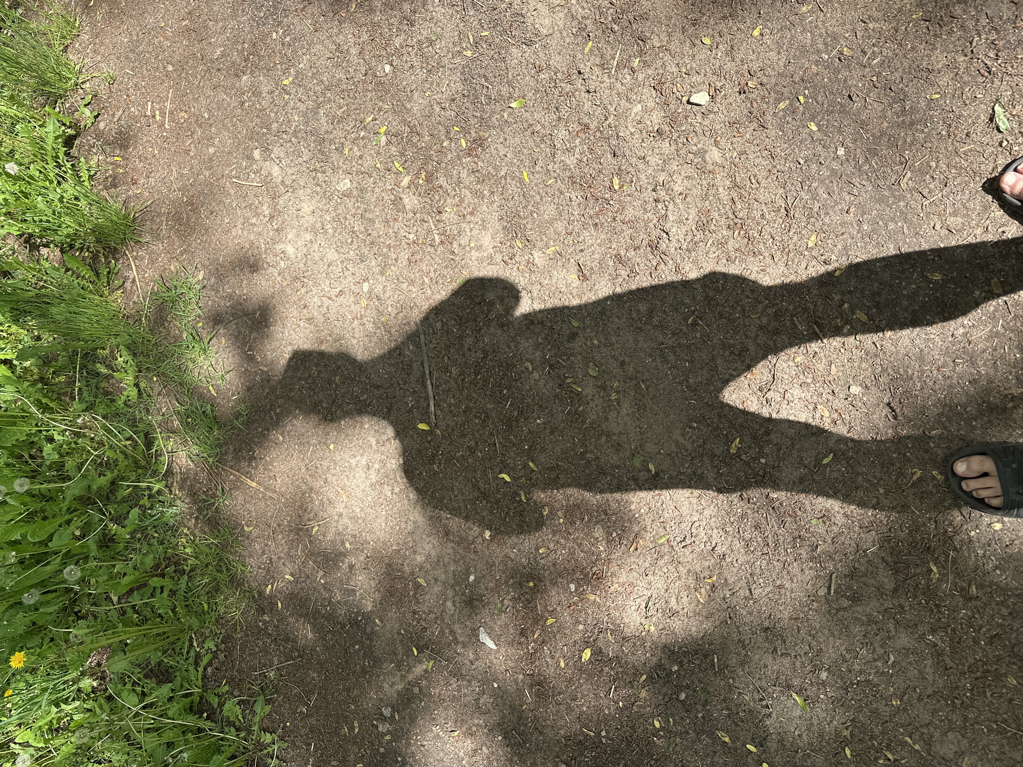 The image depicts a shadow cast on a dirt and gravel path. The shadow appears to be that of a person with outstretched arms. Two bare feet with black sandals are visible on the right side of the image, partially obscured by the shadow. The left side of the path is bordered by a patch of grass and dandelions. The ground is covered with small leaves and debris. The location appears to be outdoors, and the lighting indicates a sunny day. The city information, Папярнянскі сельскі Савет, Belarus, suggests the location is within that municipality.