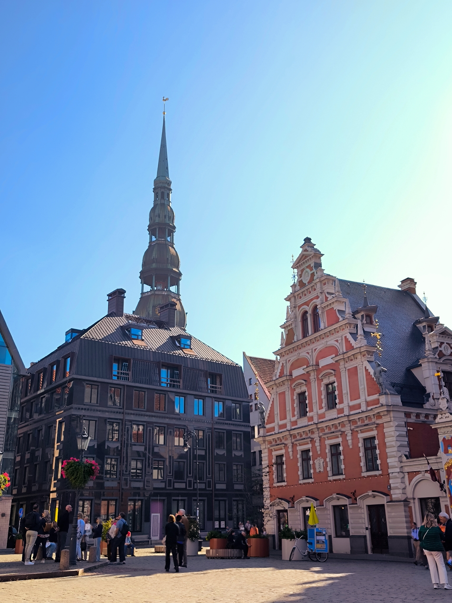 This is a wide-angle, outdoor photograph taken in Riga, Latvia, showing a street scene with historic architecture under a clear blue sky. In the center of the image, the tall, green copper spire of St. Peter's Church dominates the skyline. To the right of the church, a vibrantly colored coral-pink and white building with ornate, stepped gables is prominently featured. Adjacent to this, on the left, is a dark gray, modern building with numerous rectangular windows. The ground level of both buildings appears to house businesses with storefronts.
In the foreground, people are gathered on a paved plaza. Some individuals are standing in small groups, engaged in conversation, while others are seated on benches. The lighting suggests it is daytime, with shadows cast on the plaza from the buildings. A bicycle with a yellow umbrella and a display stand is parked near the coral building. Flower planters add touches of color to the urban environment. The overall impression is a lively city square in a historic European capital.