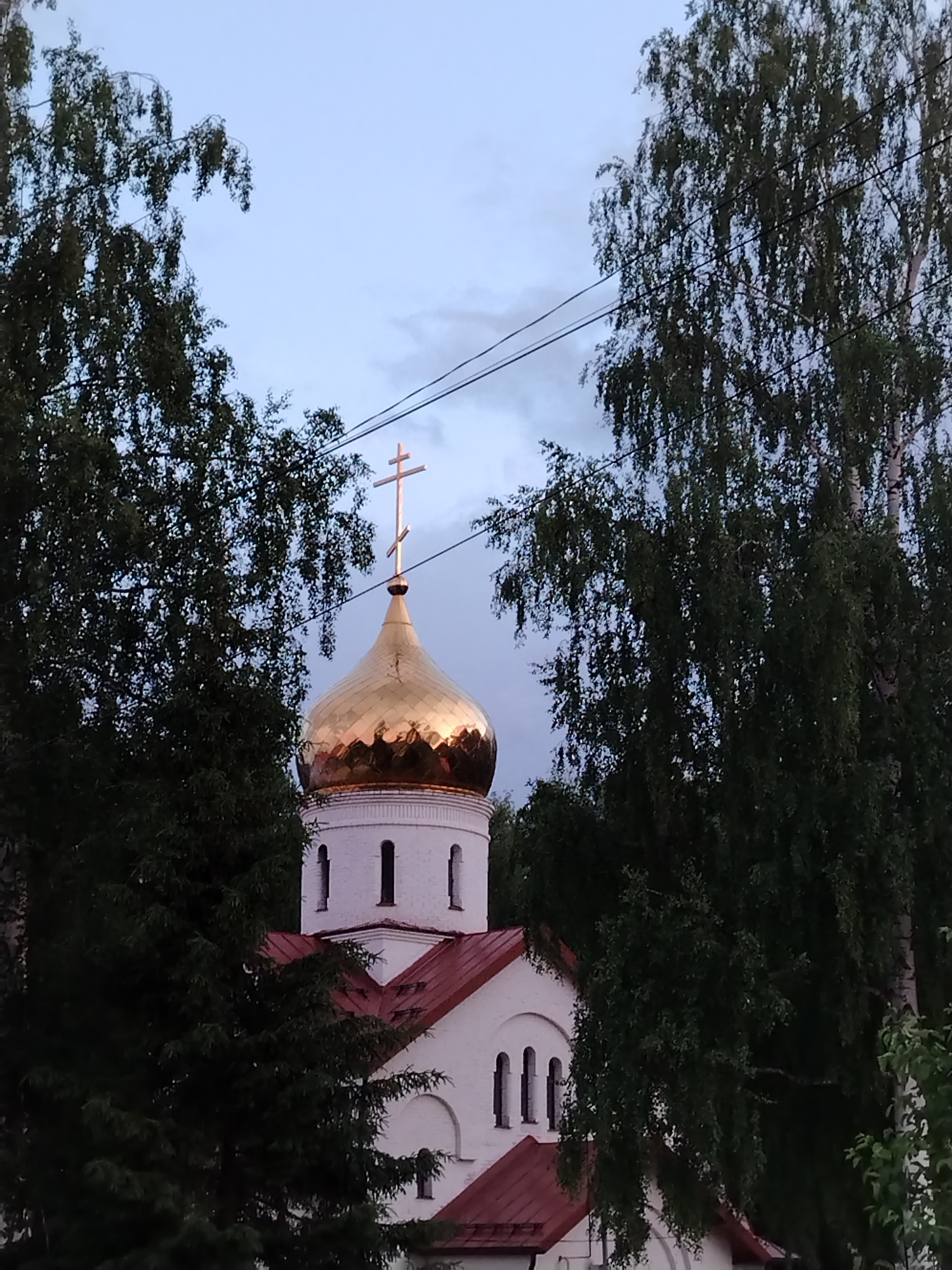 The image depicts the Russian Orthodox Church in Noviy Urengoy, Russia, partially obscured by trees. The church features a white exterior, a red roof, and a prominent gold-domed cupola topped with a cross. Power lines are visible in the background sky. The overall scene suggests a serene, possibly late afternoon or early evening, setting.