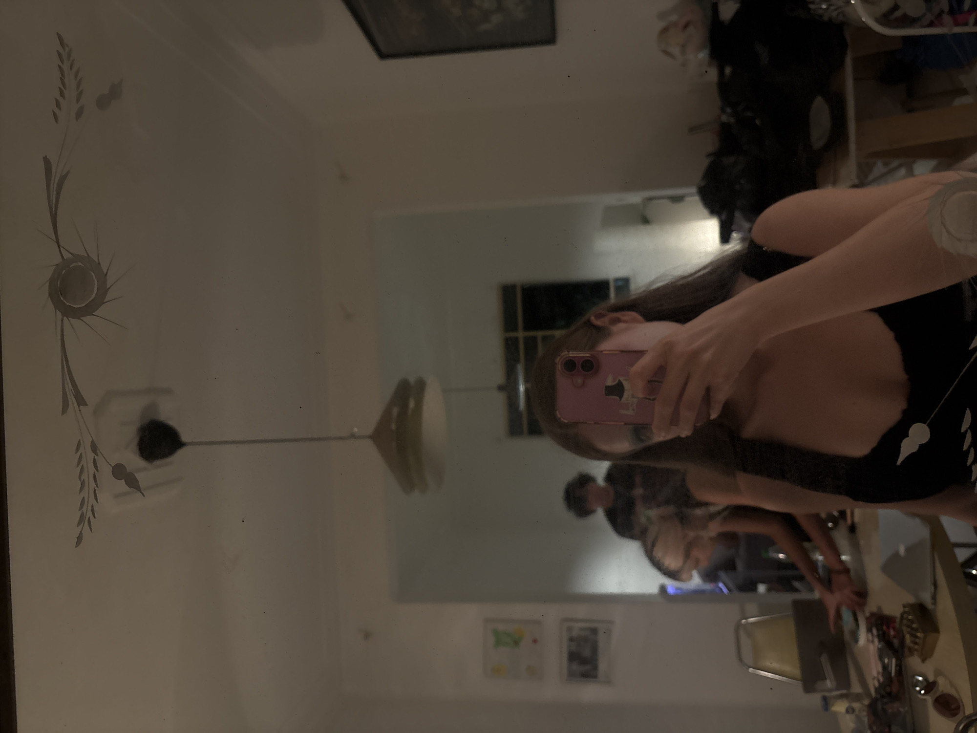 A person holds a pink cellphone to take a mirror selfie. The mirror's reflection shows a light fixture, a window, and artwork on the wall. Another person is visible in the mirror, seated at a table. This image was taken indoors in Mexico City, Mexico.
