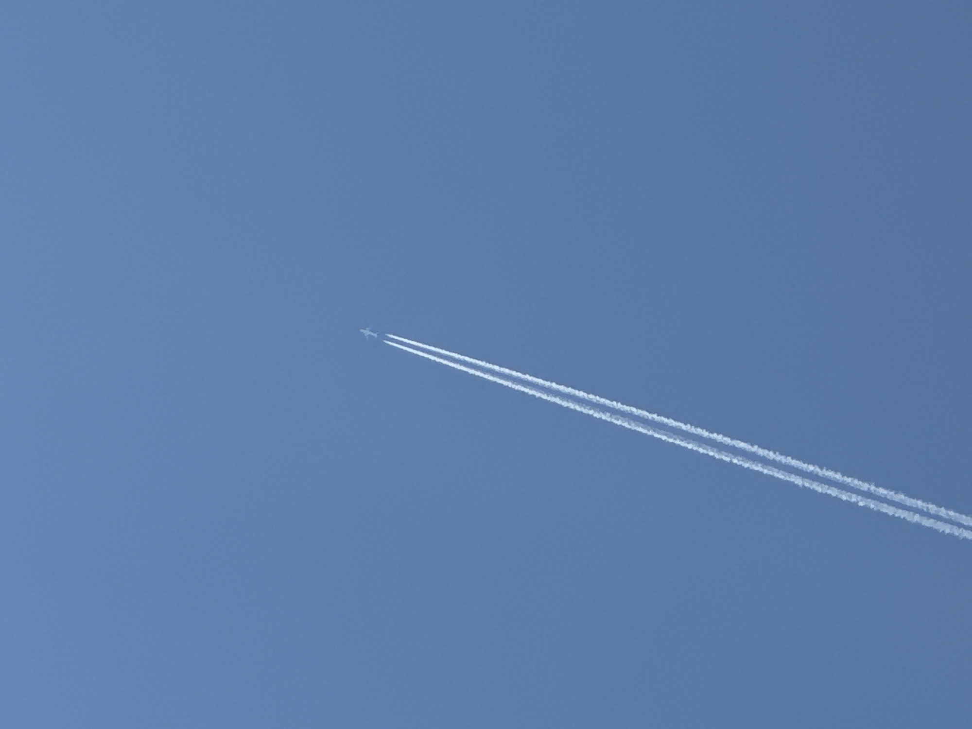A commercial airplane is observed flying diagonally across a clear, uniform blue sky, from the lower-left to the upper-right quadrant of the frame. The white aircraft, visible in the upper-central portion, is leaving a distinct, double-stranded white contrail that extends downwards and to the left, almost bisecting the image. The sky exhibits no clouds or other atmospheric phenomena. The scene is illuminated by daylight. This observation was made in Sarnevo, Bulgaria.
