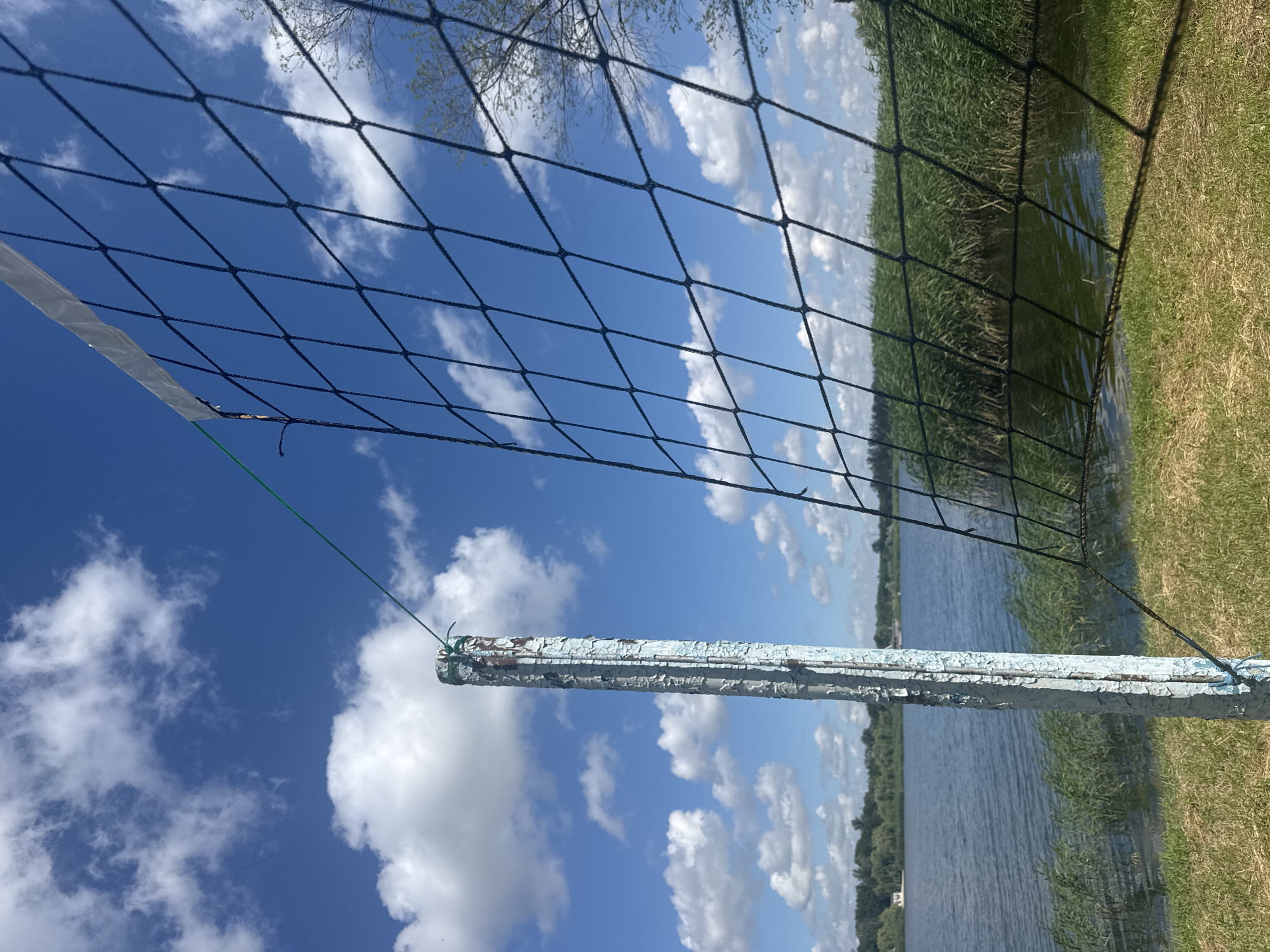 The image depicts a volleyball net set up near a body of water. The net, made of black netting, is supported by a weathered, pale blue pole in the foreground. Behind the net, a calm lake or river is visible, bordered by dense reeds and green grass. In the distance, a treeline stretches across the horizon, with a small building visible on the left bank. The sky is a vibrant blue, dotted with fluffy white clouds, indicating a sunny day. The scene appears to be set in an outdoor recreational area, possibly a park or a beach, in Marianivka, Ukraine, given the context. There are no people or animals visible in the image.