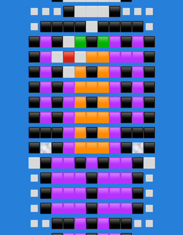 The image displays an abstract, grid-like pattern composed of numerous small, glossy, rectangular blocks against a solid blue background. These blocks are arranged in multiple horizontal rows, forming a larger, elongated rectangular shape in the center.
The pattern is primarily made up of black and purple blocks, which frequently appear in alternating sequences across several rows, particularly in the upper and lower sections. A prominent vertical column of orange blocks is centered within the middle section of the pattern, spanning several rows. Individual red and green blocks are visible in the upper-middle rows, interrupting the black and purple arrangement. Scattered white or light gray blocks appear throughout the pattern, with more concentrated instances at the very top and bottom rows, and also within the main body of the design. Notably, two blocks, one on the left and one on the right side in the lower-middle section, feature a distinctive cloudy or smoky texture instead of a solid color.
There are no discernible subjects such as people or real-world objects, nor is any activity or event taking place; the image is a static, stylized composition. The pattern's abstract nature provides no specific cues regarding the time of day, weather, or any geographical location, including Dunavtsi, Bulgaria. No text is visible within the image.