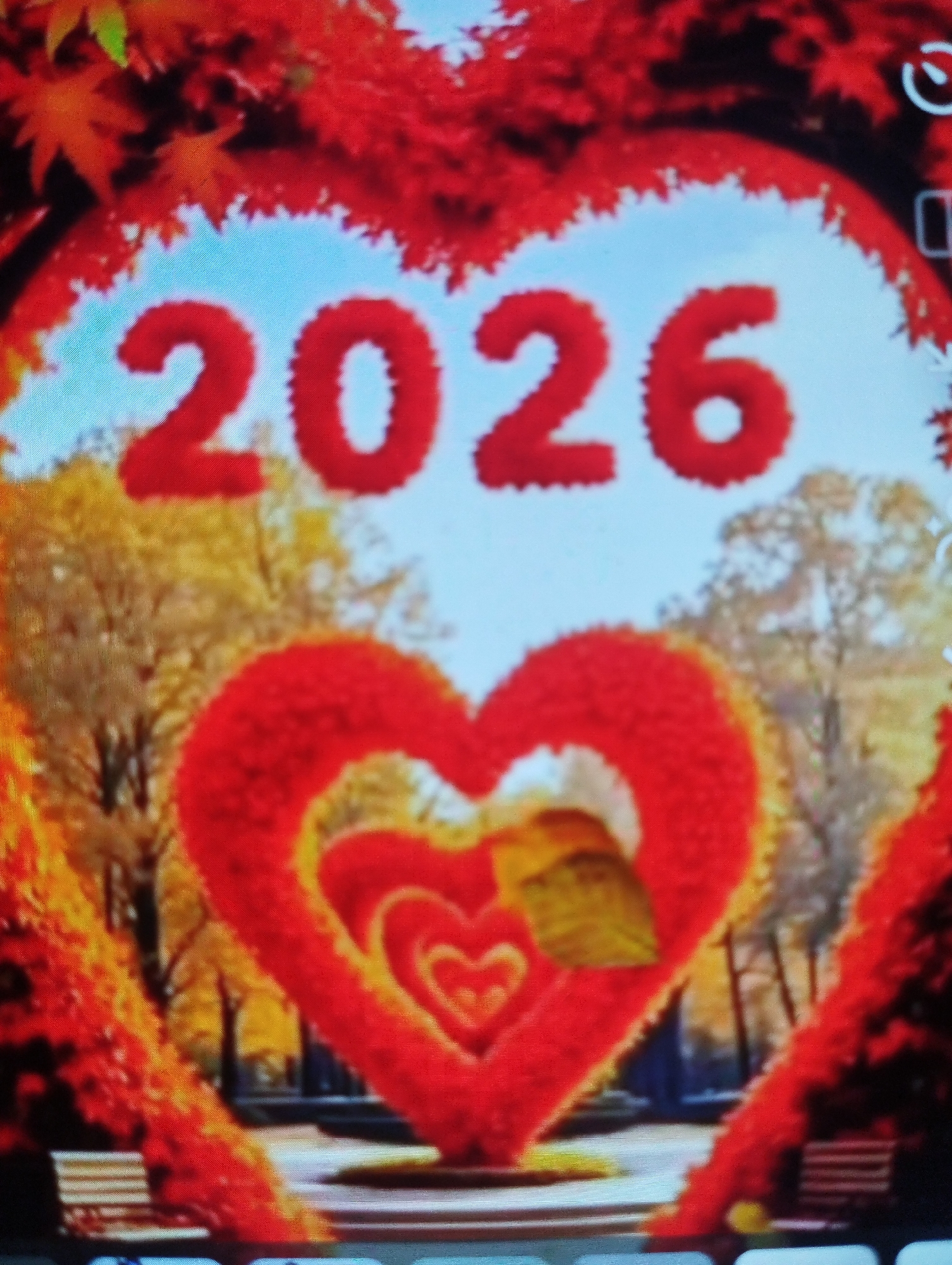 This media file captures an outdoor scene, likely a public park or garden in Martil, Morocco, adorned with festive decorations. The central focus is a large, heart-shaped archway, densely covered in vibrant red foliage, possibly maple leaves, framing the upper portion of the image.
Within this red heart archway, prominent red numbers "2026" are displayed against a bright blue sky. These numbers appear to be made of a textured, fluffy material. Below them, a large, three-dimensional sculpture of a heart, also covered in similar red material, stands in the middle ground. This sculpture features multiple concentric heart shapes, with a single yellow or golden leaf resting on one of the inner hearts.
In the background, beyond the heart sculpture, trees with autumnal yellow and orange foliage are visible under the clear daytime sky. The scene is brightly lit. Partial glimpses of dark-colored park benches can be seen at the bottom corners of the image.
No people are present in the image. The overall atmosphere conveyed is celebratory and romantic, likely indicating a display or event related to the year 2026, possibly a New Year's decoration or a special anniversary. The image itself appears to be a photograph of a screen, exhibiting noticeable pixelation and scan line patterns.
