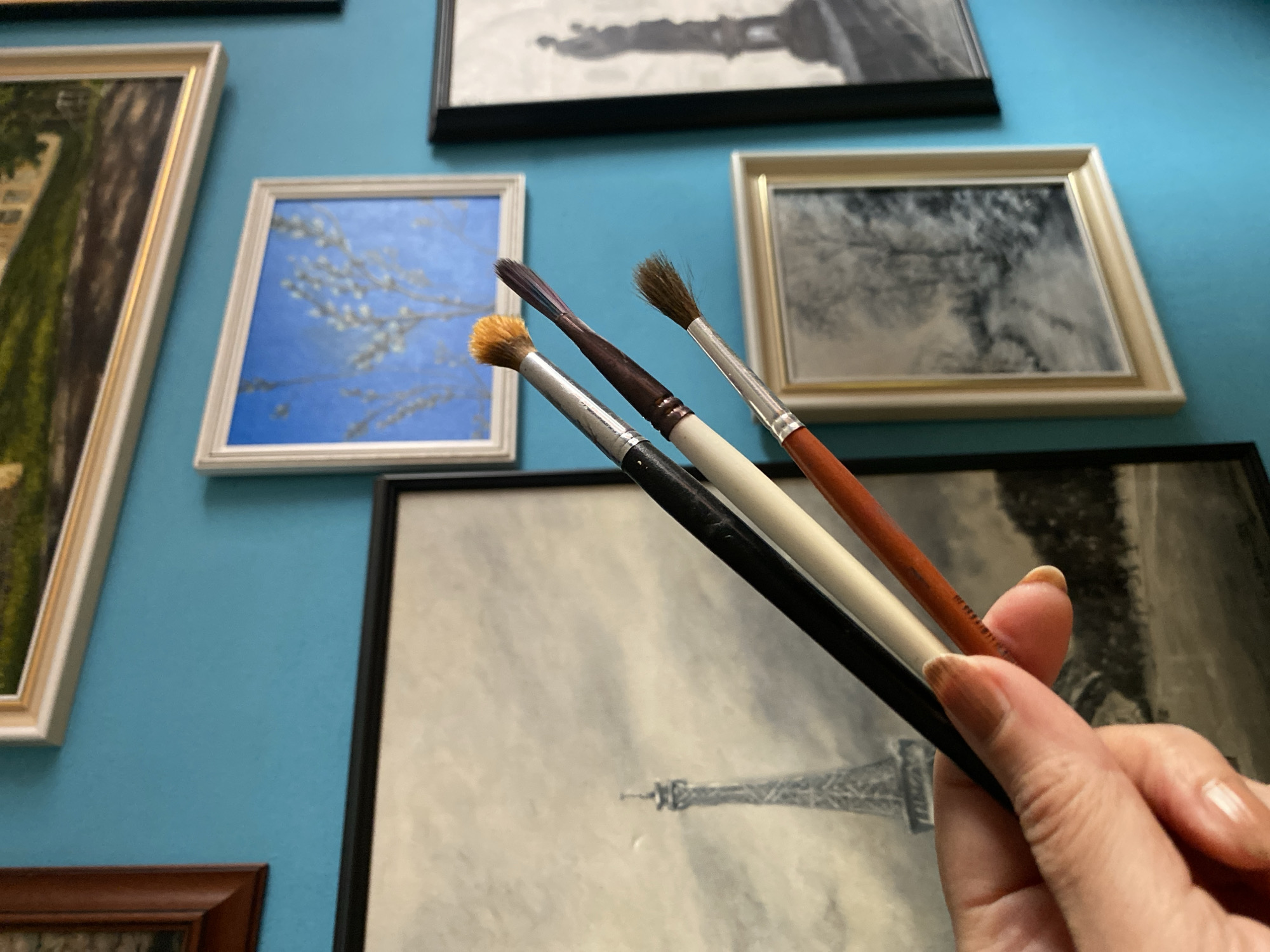 A person's hand, with light-toned skin and manicured nails, holds three paintbrushes of varying sizes and colors, positioned in front of a blue wall adorned with framed artworks. The paintbrushes, from left to right, have black, white, and reddish-brown handles. The leftmost brush has a fluffy, orange-tipped head. Behind the hand and brushes, on the wall, are several framed pictures. One prominent artwork on the left is a black and white depiction of the Eiffel Tower. To its right, a smaller framed picture shows a blue sky with white flowers. Further to the right, another framed artwork features a grayscale image of a statue. A larger framed picture with a light-colored frame is positioned below the blue sky artwork, showing a grayscale landscape. The overall scene appears to be an artist's workspace or a collection of artwork displayed on a wall. The location in Bílina, Czechia is not discernible from the image.