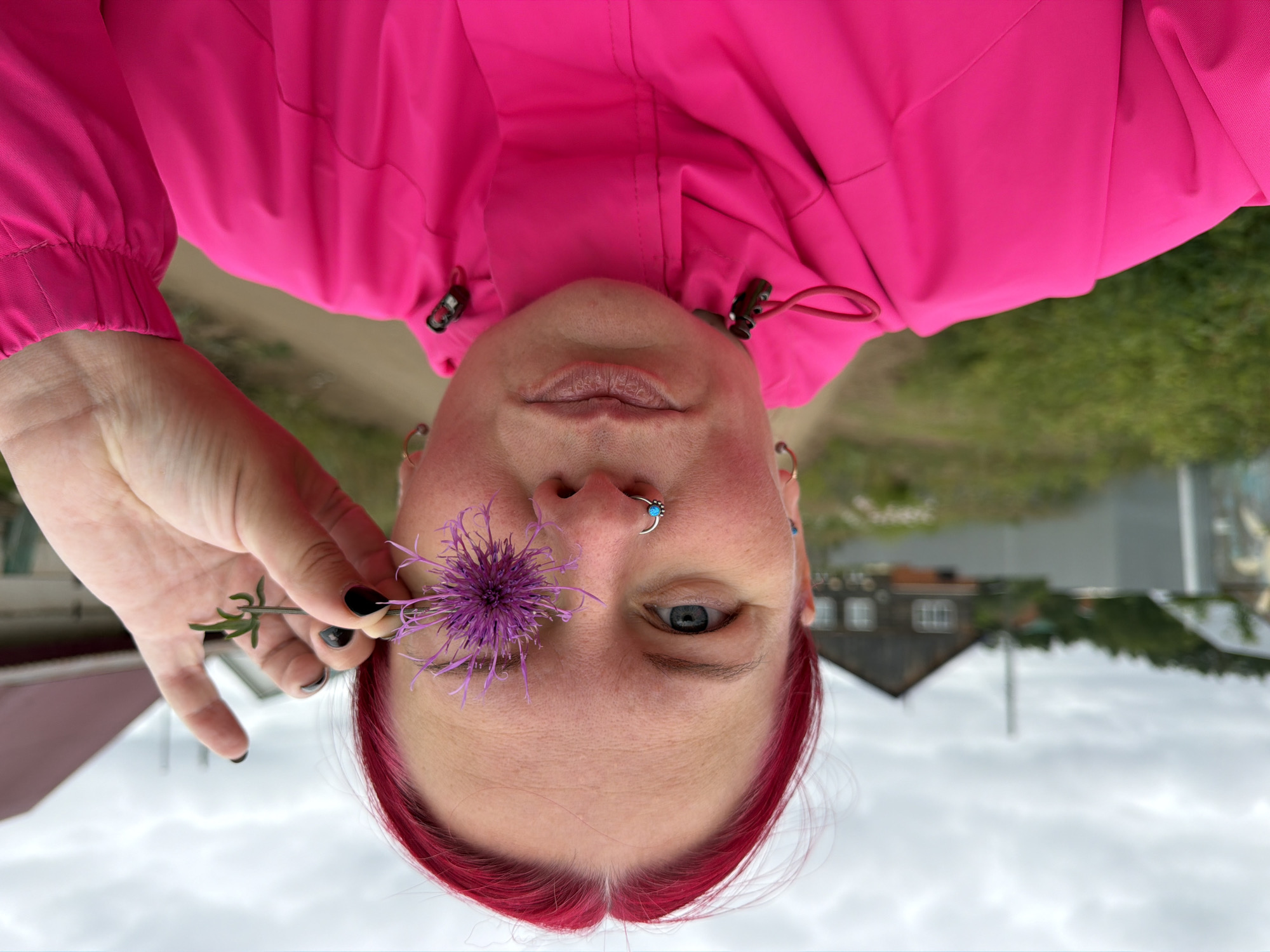 A close-up, selfie-style outdoor photograph shows a woman with bright pink hair and fair skin, wearing a hot pink jacket. She is holding a purple thistle flower near her right eye, obscuring it from view. The woman has a nose ring with a turquoise stone and wears hoop earrings. Her left eye, with a blue iris, is visible. The background depicts a rural landscape with a dirt path, green grass, and buildings, including a wooden house with a red roof and a fence, suggestive of a village or dacha settlement, consistent with the outskirts of Chaikovsky, Russia. The sky is overcast.
