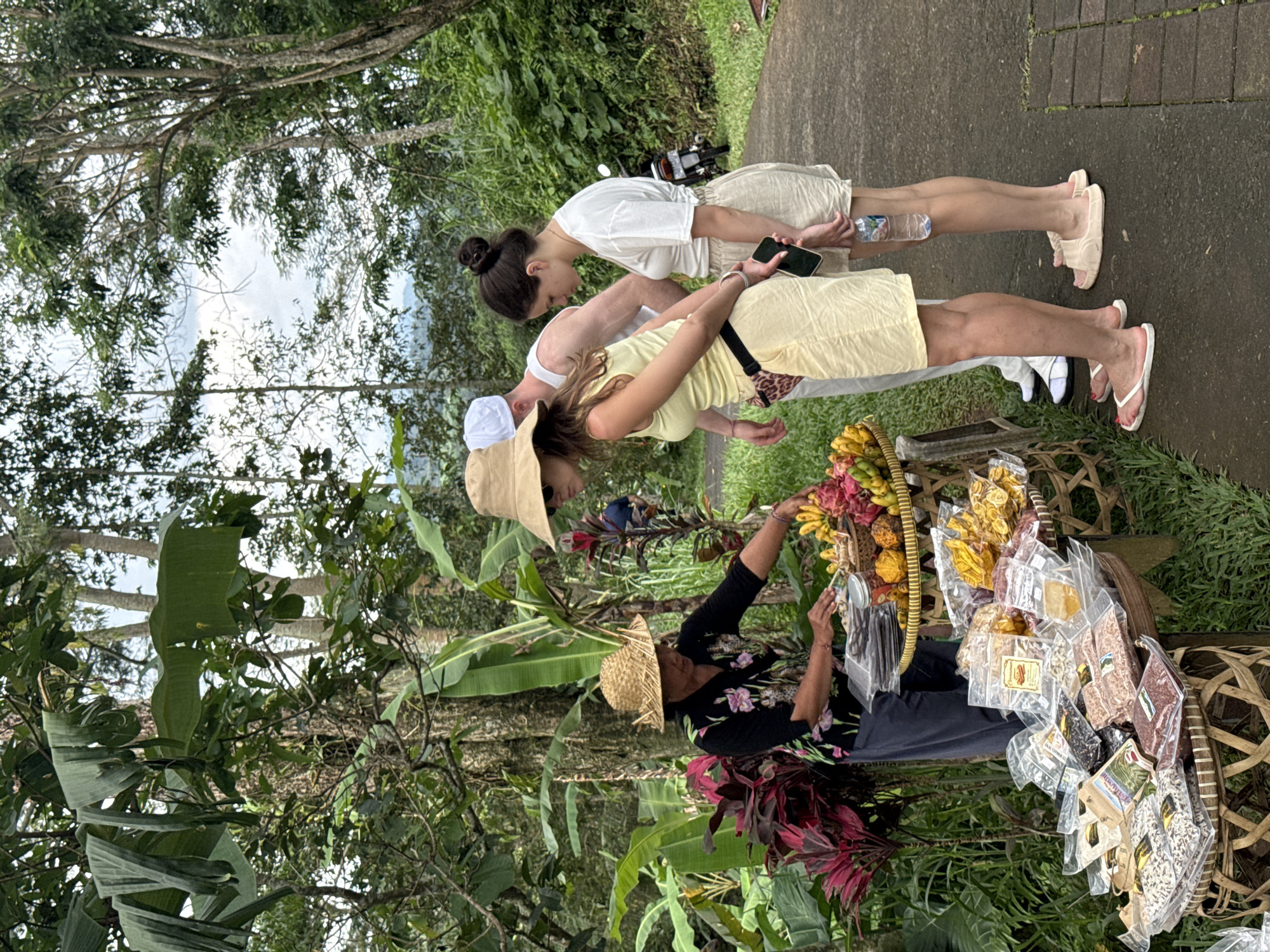 The image depicts a scene in Penebel, Indonesia, near the Jatiluwih rice terraces. Two fair-skinned women wearing summer attire—one in a yellow sundress and the other in a white top and beige shorts—stand on a concrete path and appear to be interacting with a local merchant. The merchant, wearing a straw hat and a floral-print shirt, sits surrounded by baskets filled with various snacks and souvenirs. The path is lined with lush vegetation, including banana trees and tropical plants. A parked scooter is visible in the background.